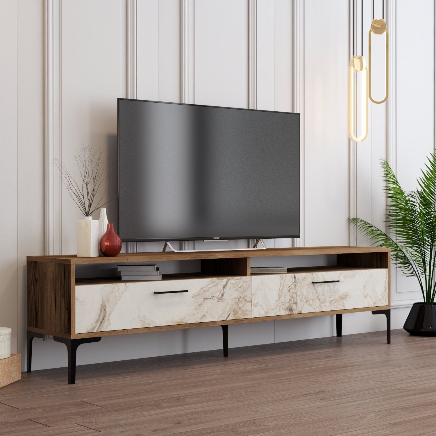 Suporte de TV elegante, nogueira e mármore branco, 180 x 35 x 47 cm | Painel de partículas 100% revestido de melamina, 18 mm de espessura | Design moderno para salas de estar e espaços de entretenimento