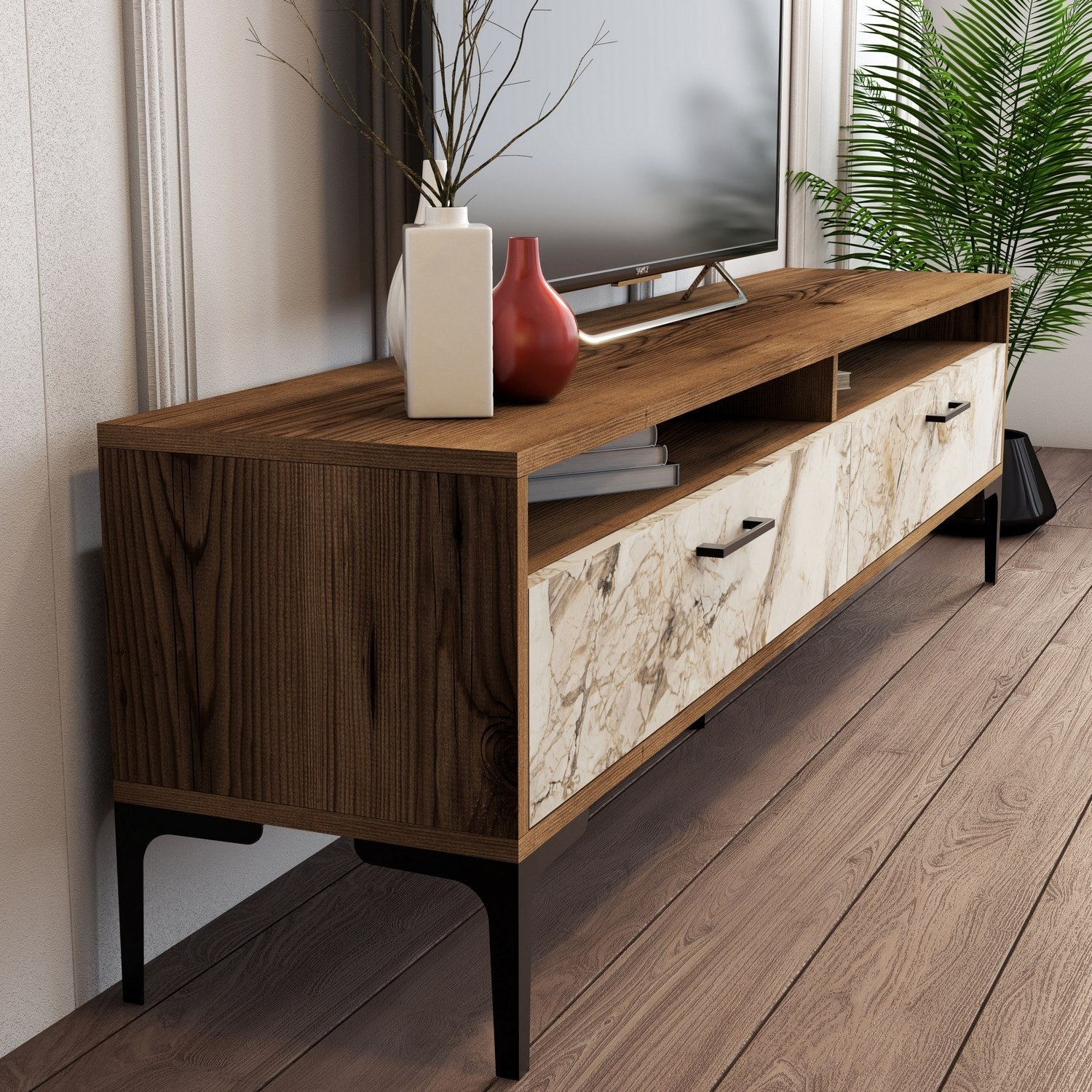 Suporte de TV elegante, nogueira e mármore branco, 180 x 35 x 47 cm | Painel de partículas 100% revestido de melamina, 18 mm de espessura | Design moderno para salas de estar e espaços de entretenimento
