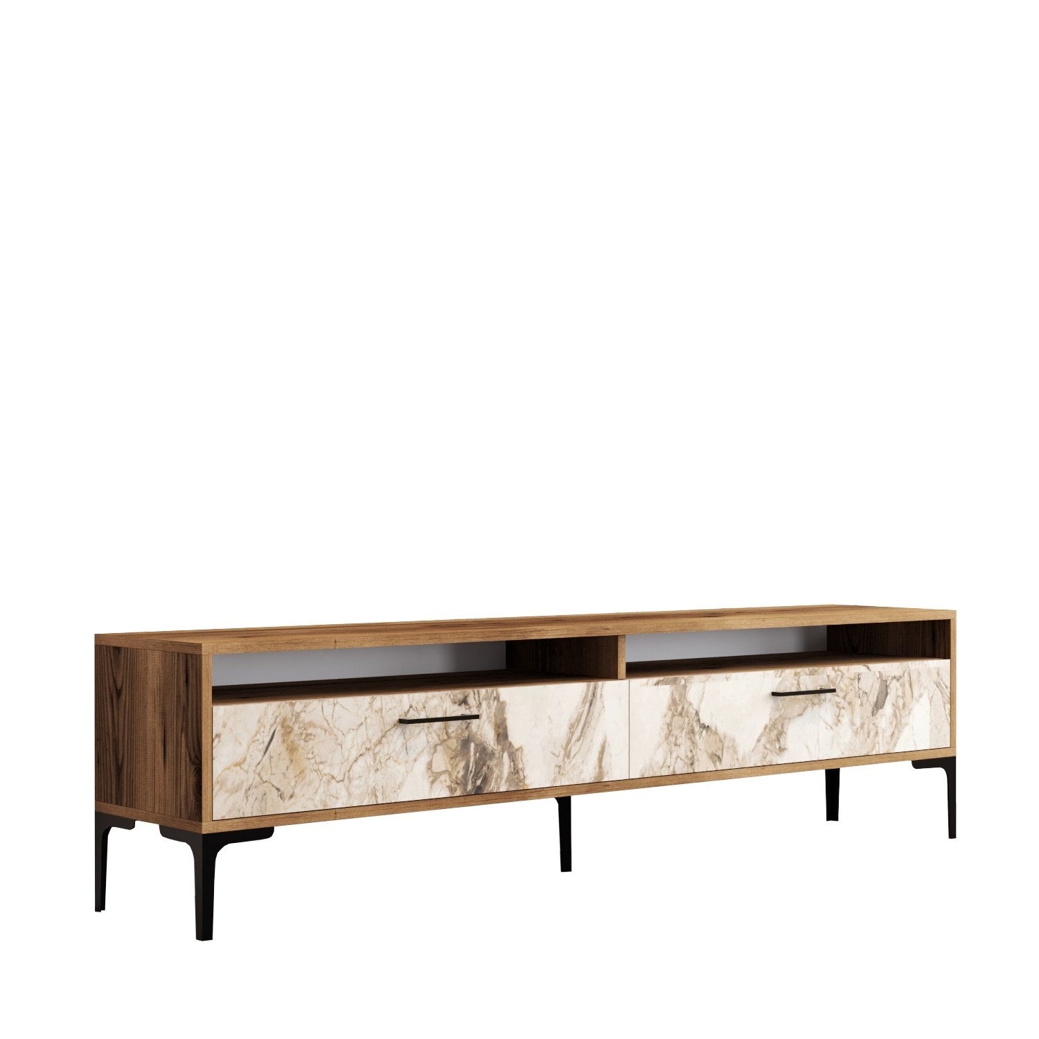 Suporte de TV elegante, nogueira e mármore branco, 180 x 35 x 47 cm | Painel de partículas 100% revestido de melamina, 18 mm de espessura | Design moderno para salas de estar e espaços de entretenimento