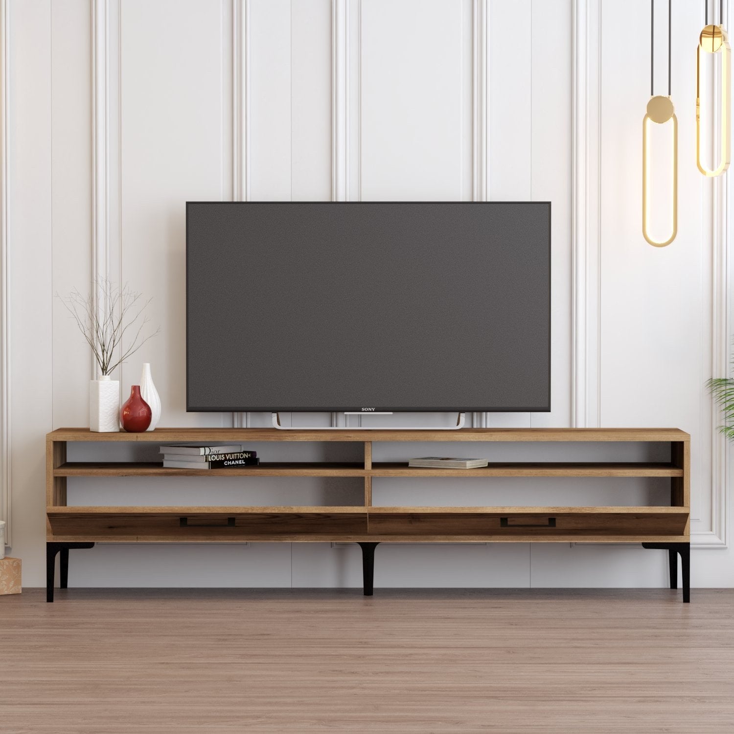 Suporte de TV elegante em nogueira, 180 cm x 35 cm x 47 cm | Painel de partículas 100% revestido em melamina, 18 mm de espessura | Perfeito para salas de estar e espaços de entretenimento modernos
