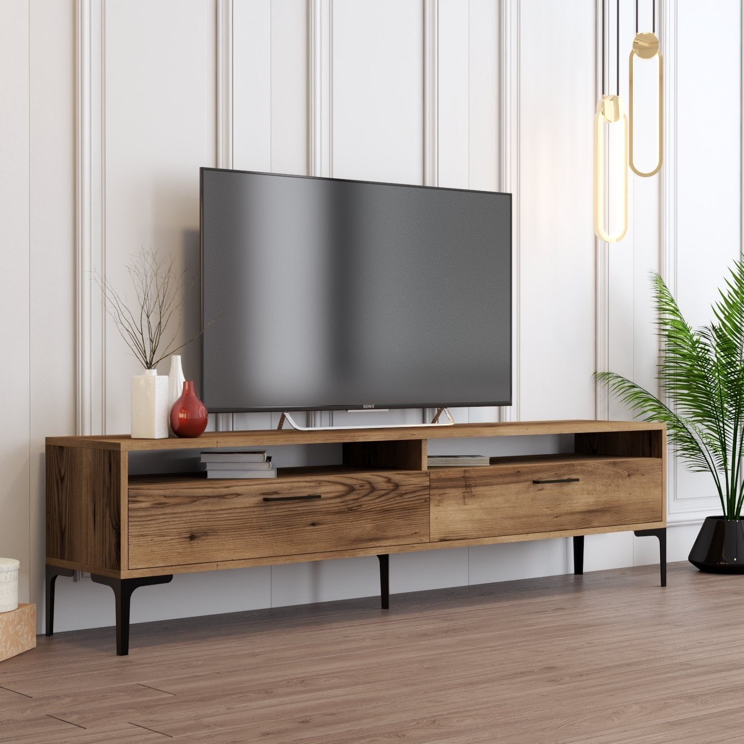 Suporte de TV elegante em nogueira, 180 cm x 35 cm x 47 cm | Painel de partículas 100% revestido em melamina, 18 mm de espessura | Perfeito para salas de estar e espaços de entretenimento modernos