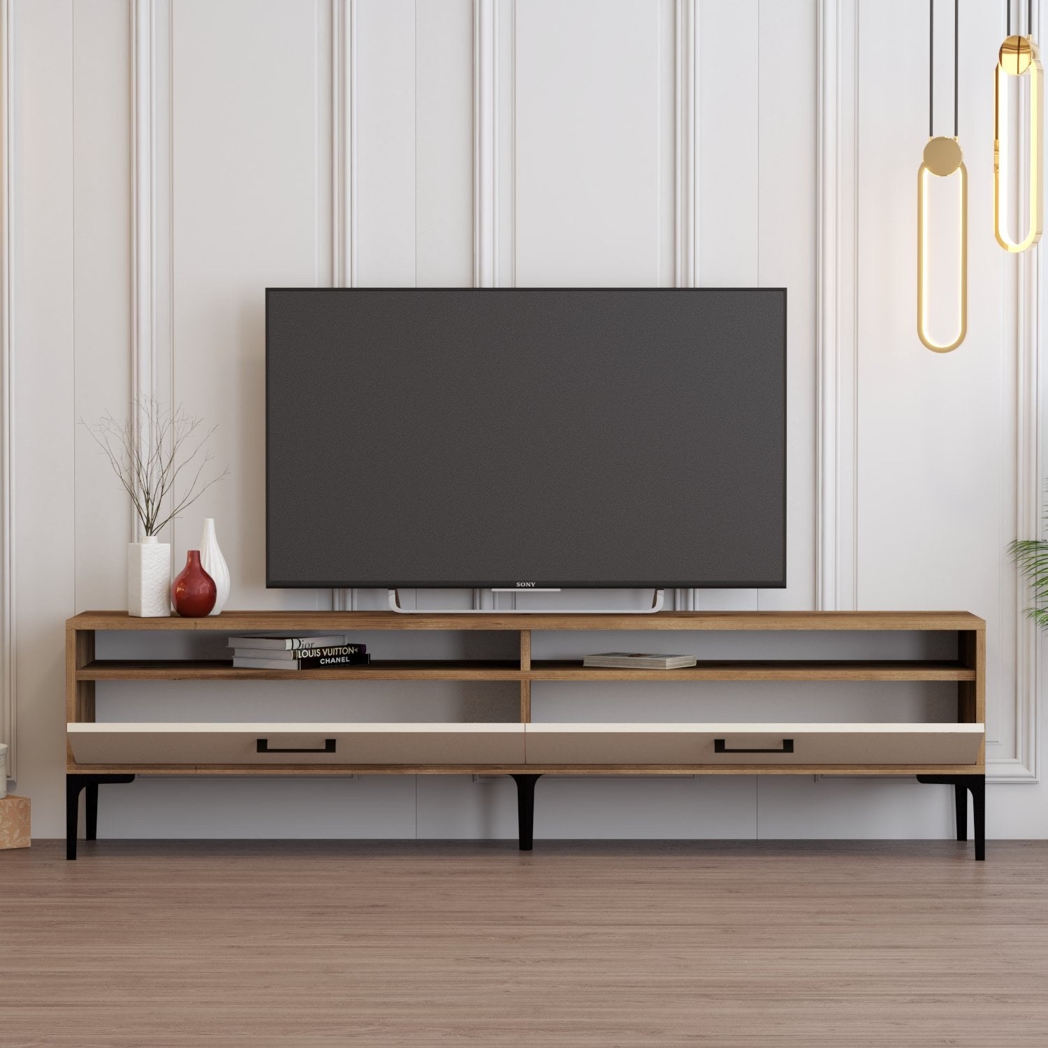 Suporte de TV elegante, nogueira e creme, 180 x 35 x 47 cm | Painel de partículas 100% revestido de melamina, 18 mm de espessura | Design moderno para salas de estar e espaços de entretenimento
