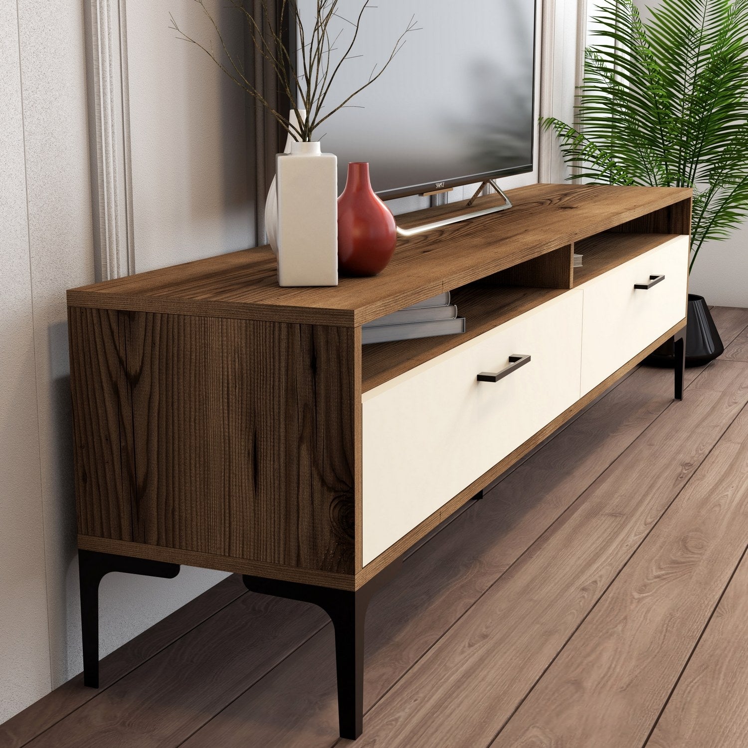 Suporte de TV elegante, nogueira e creme, 180 x 35 x 47 cm | Painel de partículas 100% revestido de melamina, 18 mm de espessura | Design moderno para salas de estar e espaços de entretenimento