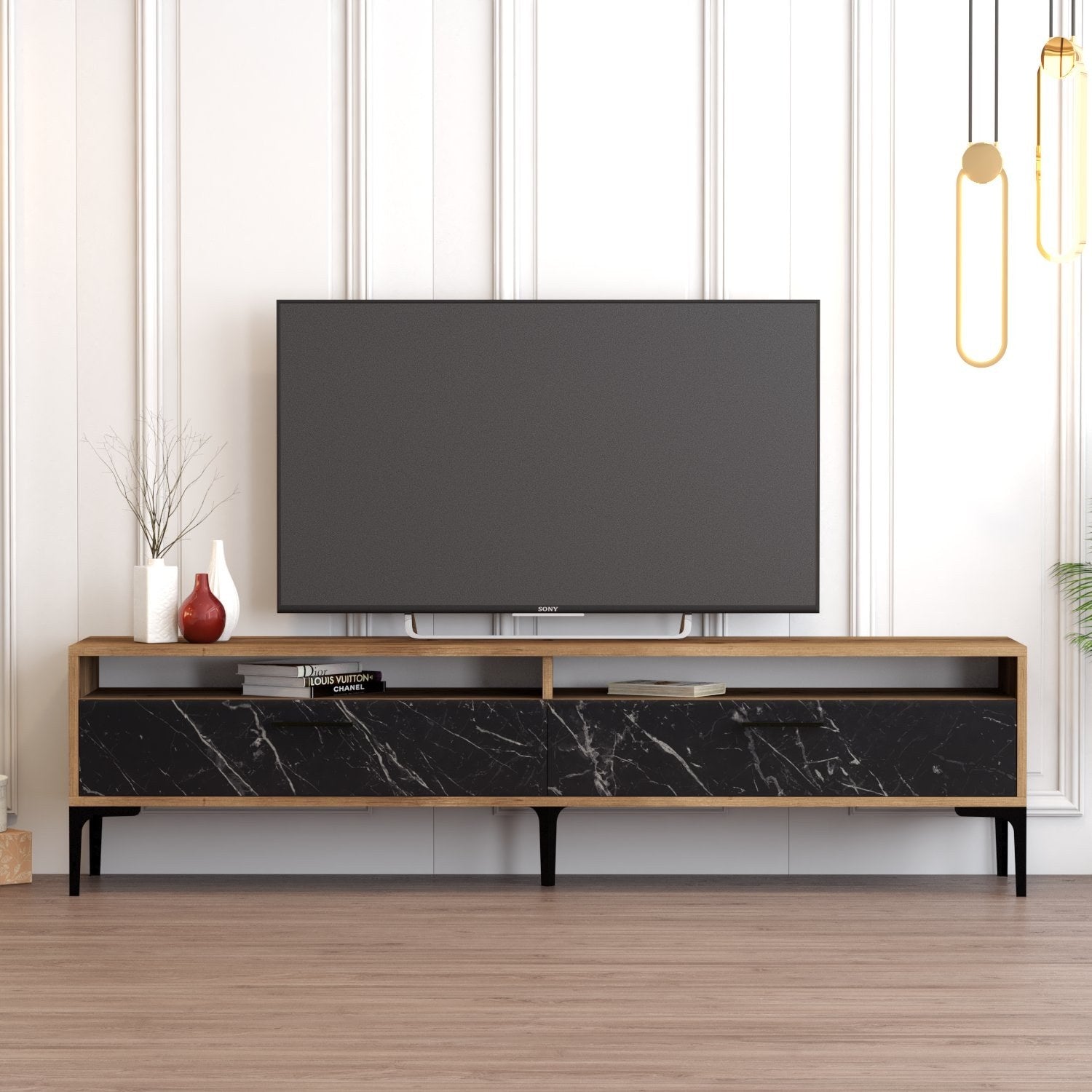 Suporte de TV elegante, nogueira e mármore preto, 180 x 35 x 47 cm | Painel de partículas 100% revestido de melamina, 18 mm de espessura | Design moderno para salas de estar e espaços de entretenimento