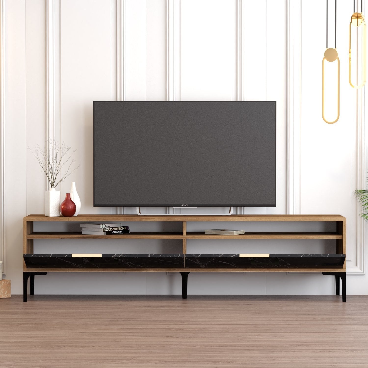 Suporte de TV elegante, nogueira e mármore preto, 180 x 35 x 47 cm | Painel de partículas 100% revestido de melamina, 18 mm de espessura | Design moderno para salas de estar e espaços de entretenimento