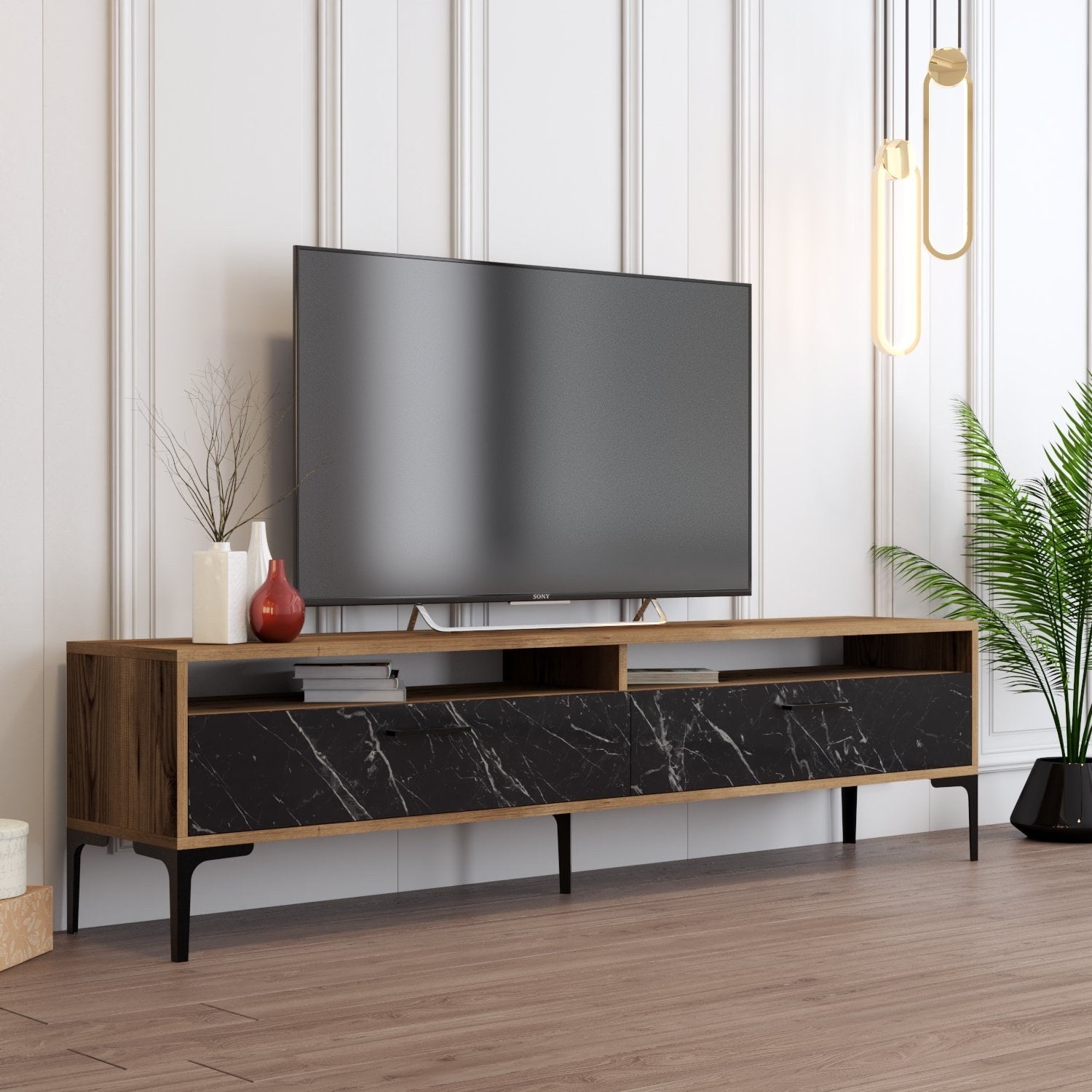 Suporte de TV elegante, nogueira e mármore preto, 180 x 35 x 47 cm | Painel de partículas 100% revestido de melamina, 18 mm de espessura | Design moderno para salas de estar e espaços de entretenimento