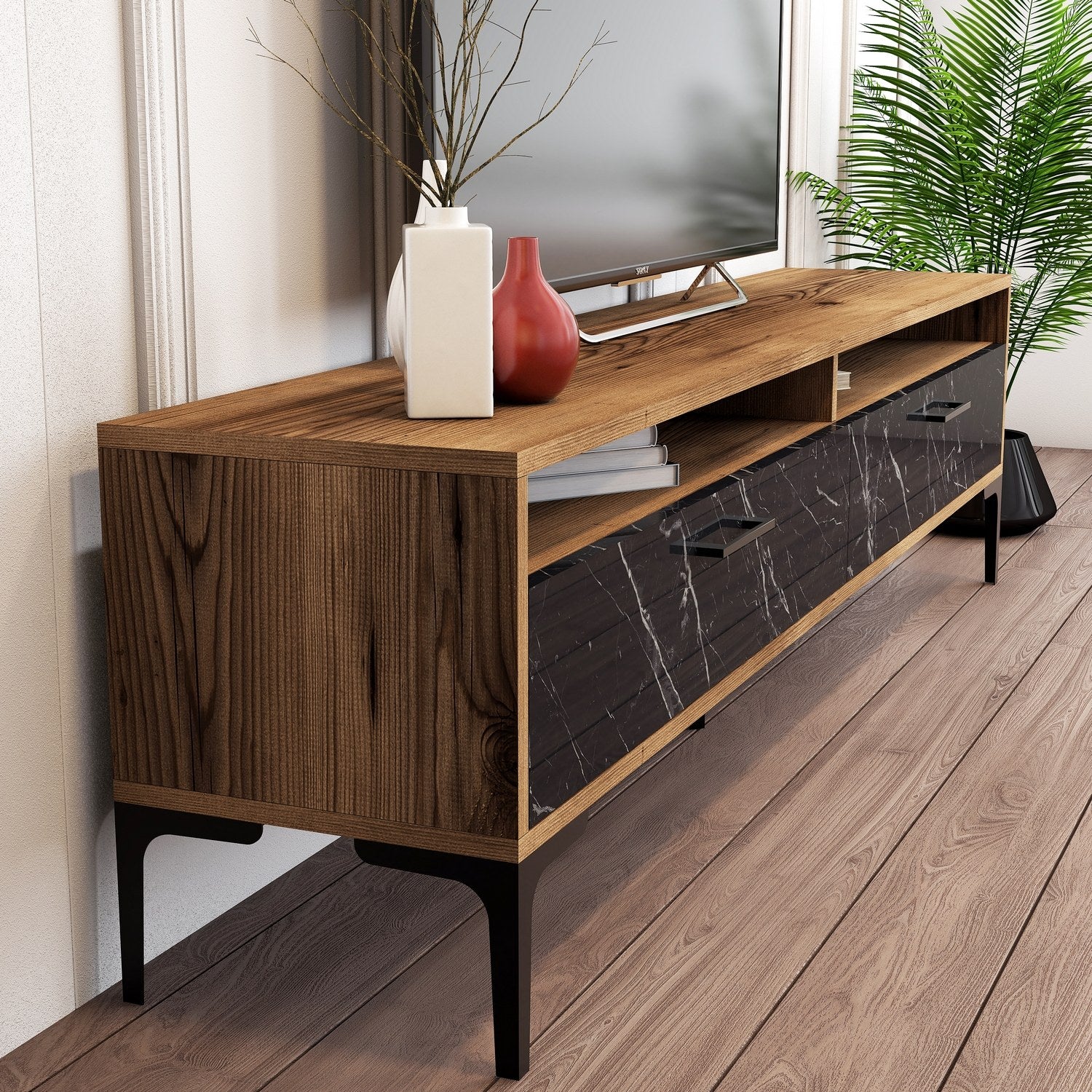 Suporte de TV elegante, nogueira e mármore preto, 180 x 35 x 47 cm | Painel de partículas 100% revestido de melamina, 18 mm de espessura | Design moderno para salas de estar e espaços de entretenimento