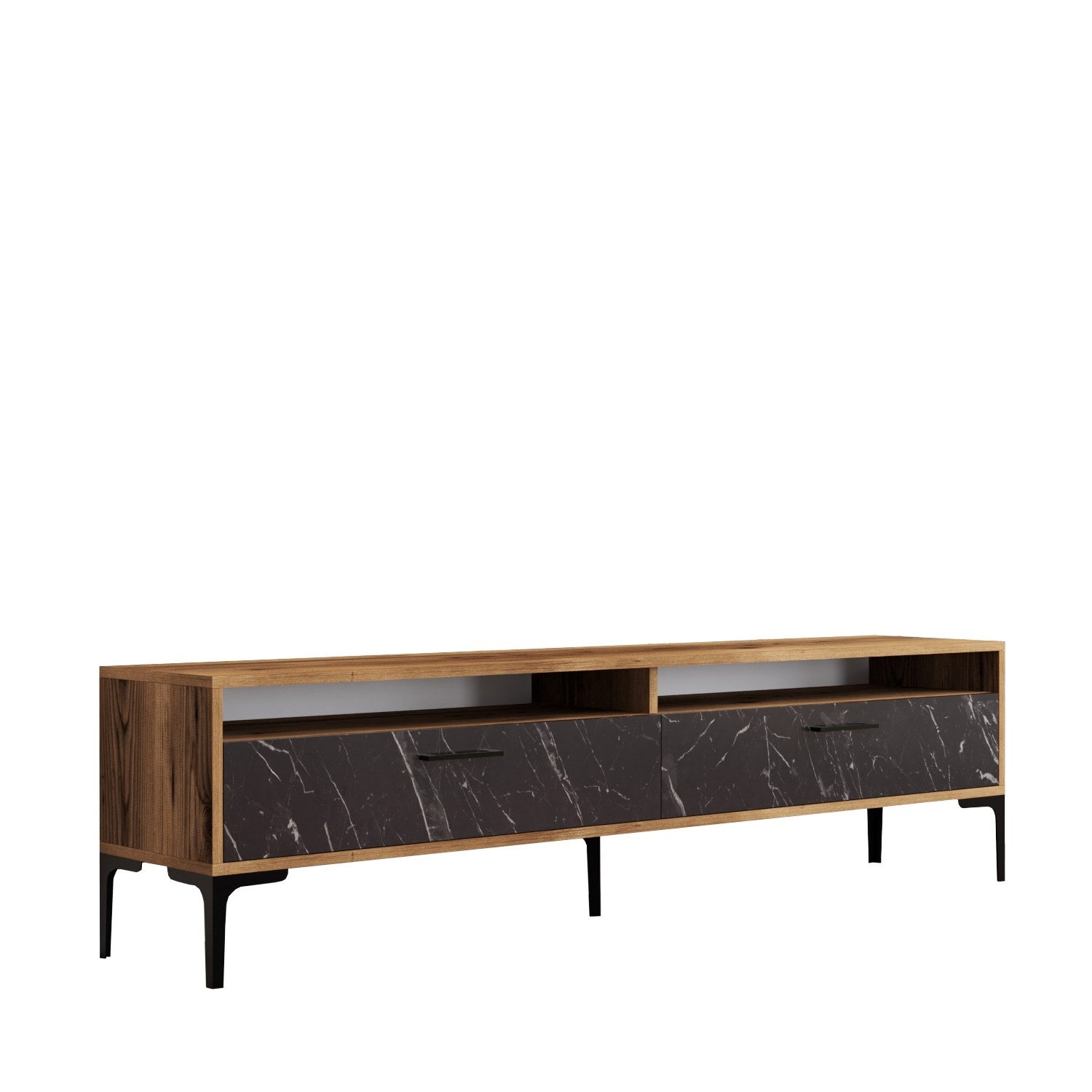 Suporte de TV elegante, nogueira e mármore preto, 180 x 35 x 47 cm | Painel de partículas 100% revestido de melamina, 18 mm de espessura | Design moderno para salas de estar e espaços de entretenimento