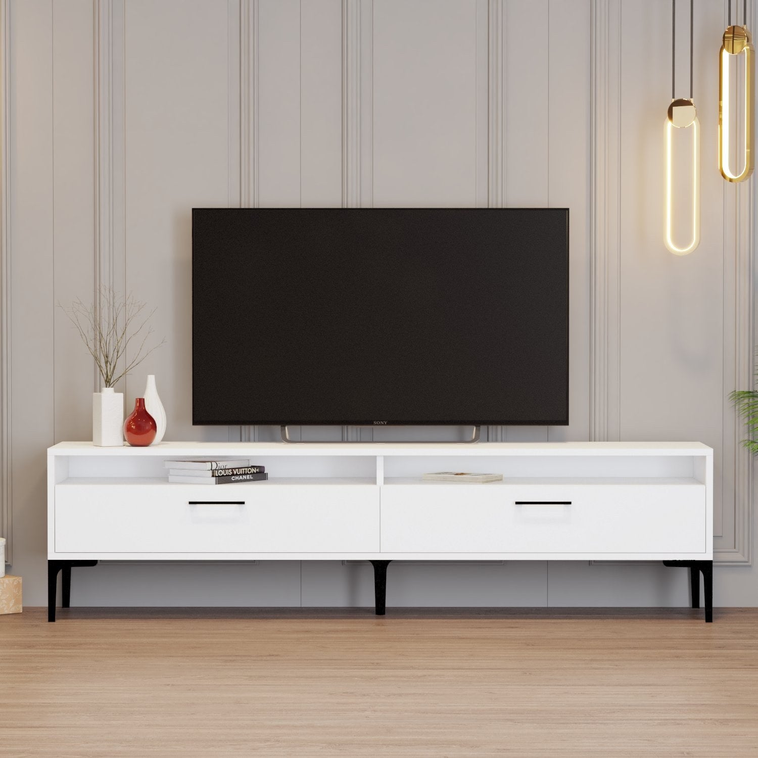 Suporte de TV moderno branco, 180 cm, 35 cm de altura, 47 cm de profundidade | Painel de partículas 100% revestido em melamina, 18 mm de espessura | Elegante e funcional para salas de estar