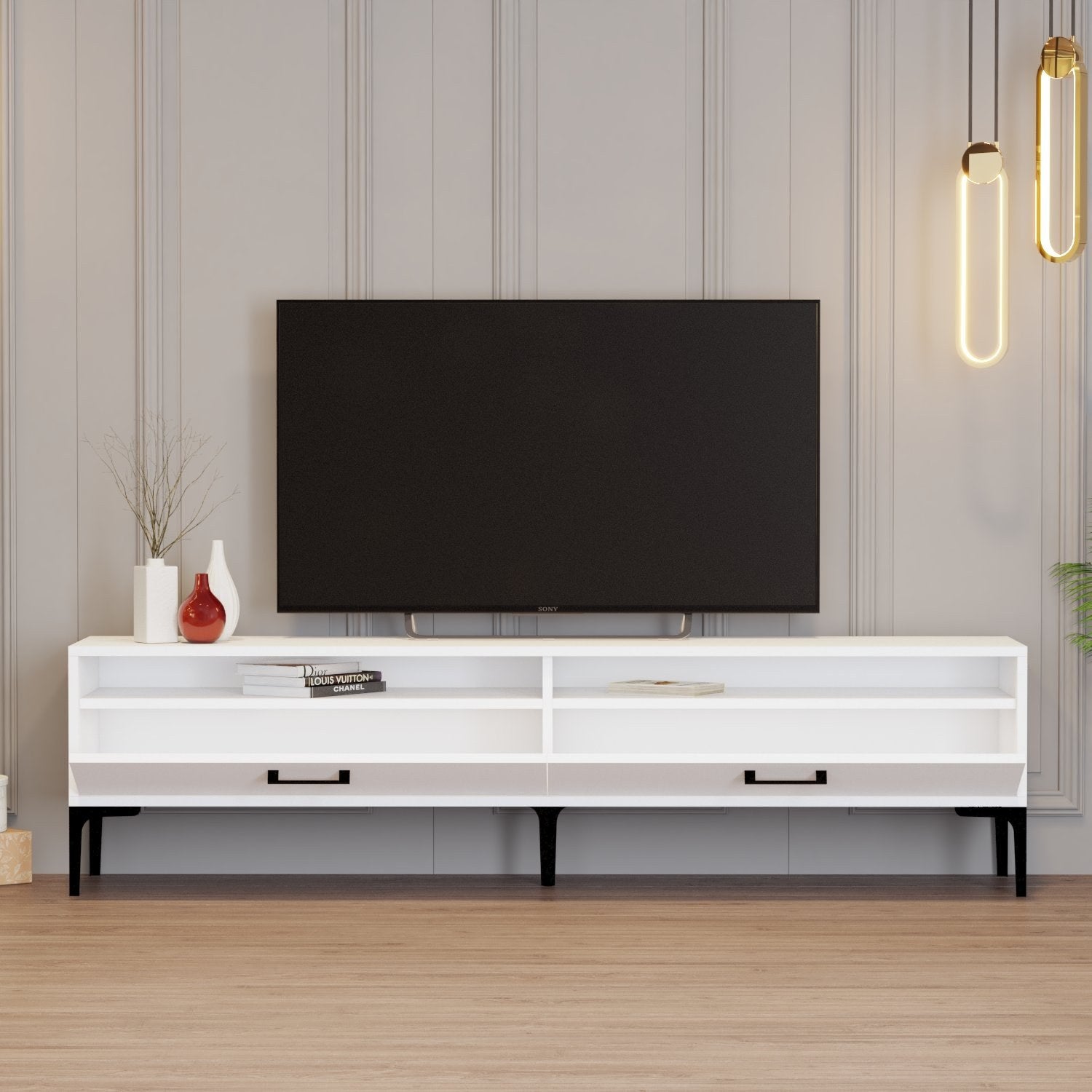 Suporte de TV moderno branco, 180 cm, 35 cm de altura, 47 cm de profundidade | Painel de partículas 100% revestido em melamina, 18 mm de espessura | Elegante e funcional para salas de estar