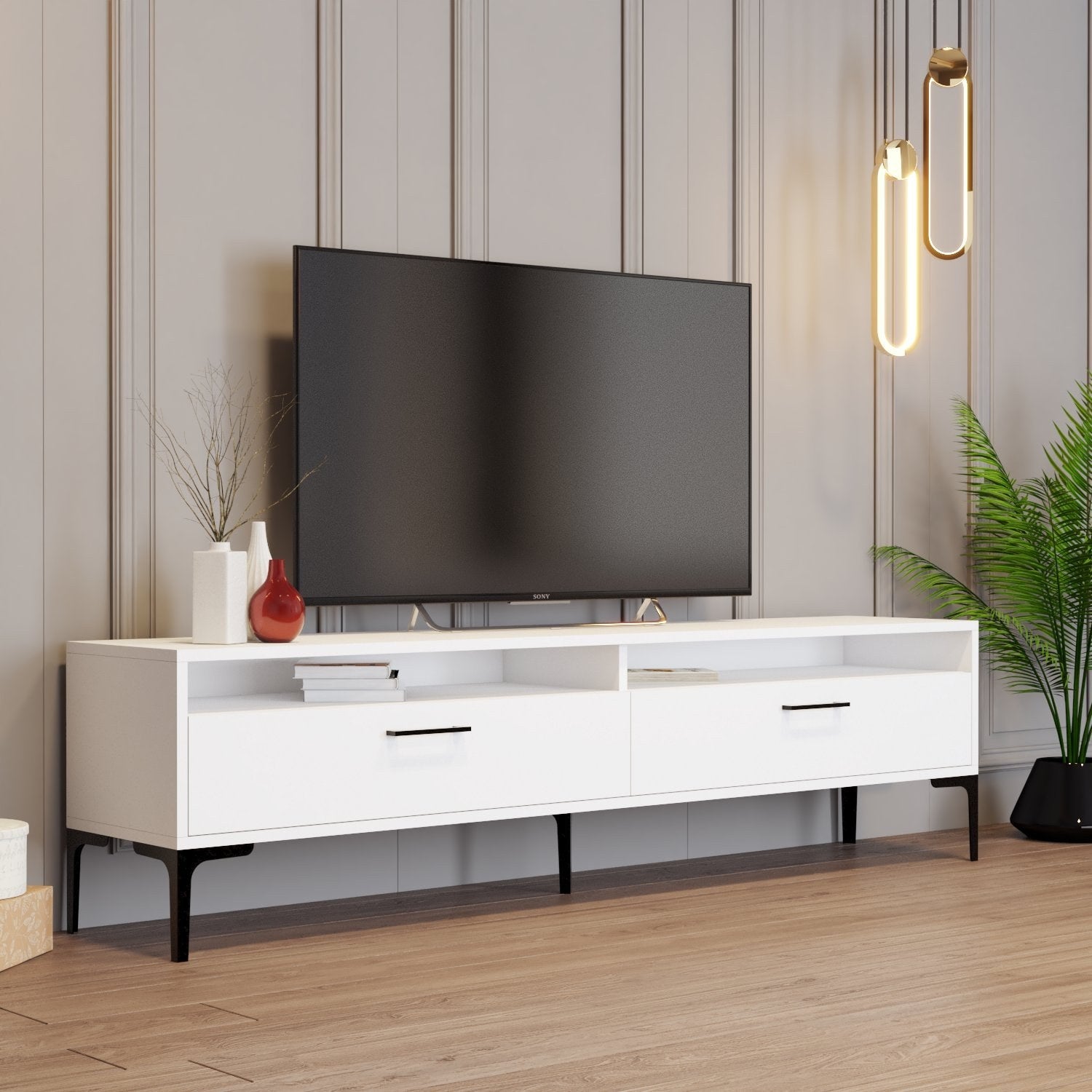 Suporte de TV moderno branco, 180 cm, 35 cm de altura, 47 cm de profundidade | Painel de partículas 100% revestido em melamina, 18 mm de espessura | Elegante e funcional para salas de estar