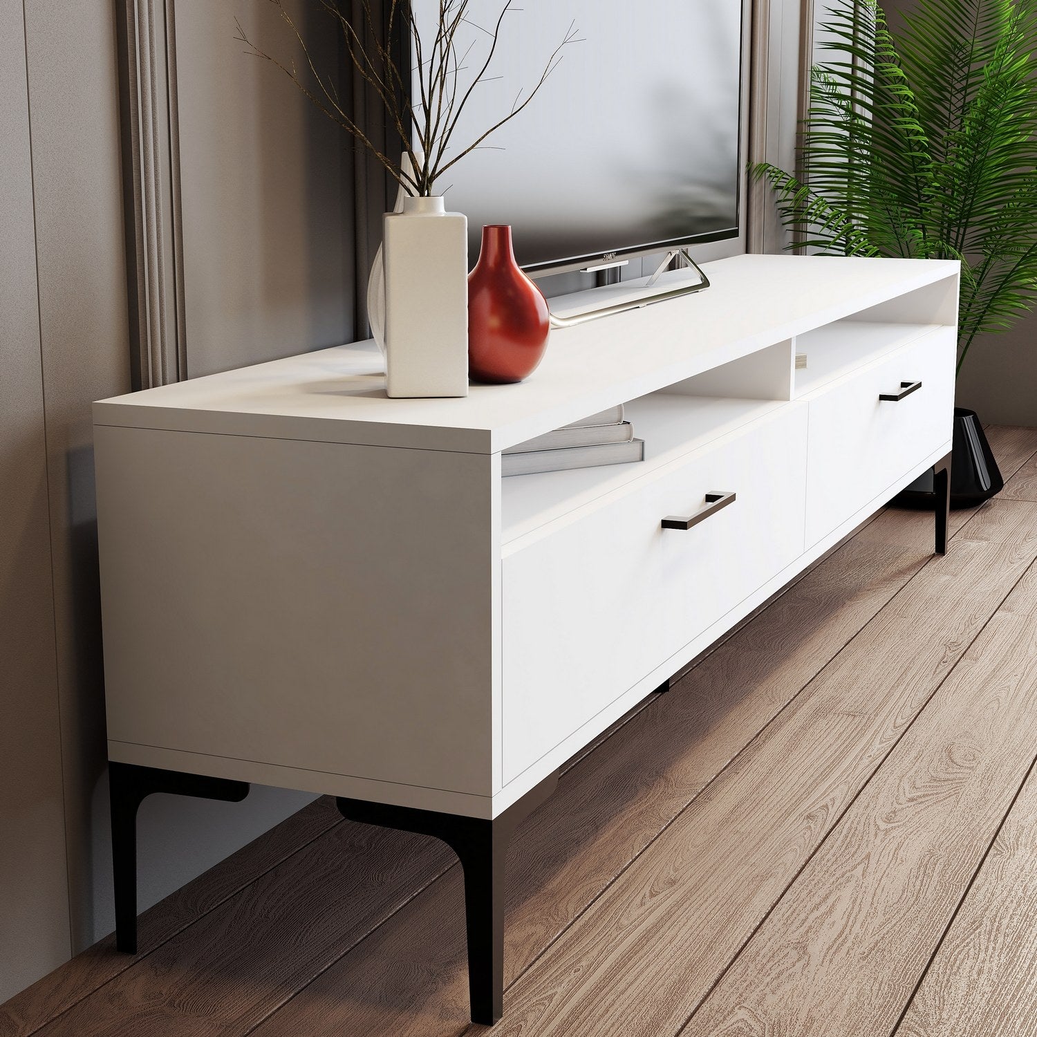 Suporte de TV moderno branco, 180 cm, 35 cm de altura, 47 cm de profundidade | Painel de partículas 100% revestido em melamina, 18 mm de espessura | Elegante e funcional para salas de estar