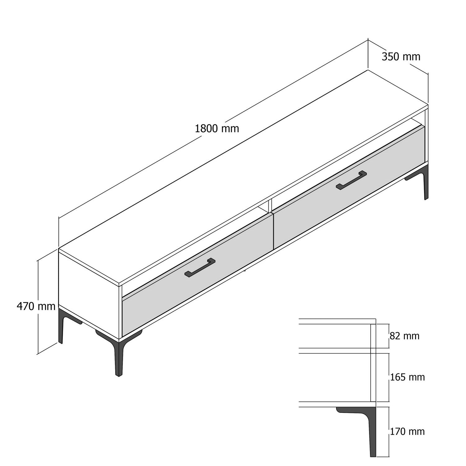 Suporte de TV moderno branco, 180 cm, 35 cm de altura, 47 cm de profundidade | Painel de partículas 100% revestido em melamina, 18 mm de espessura | Elegante e funcional para salas de estar
