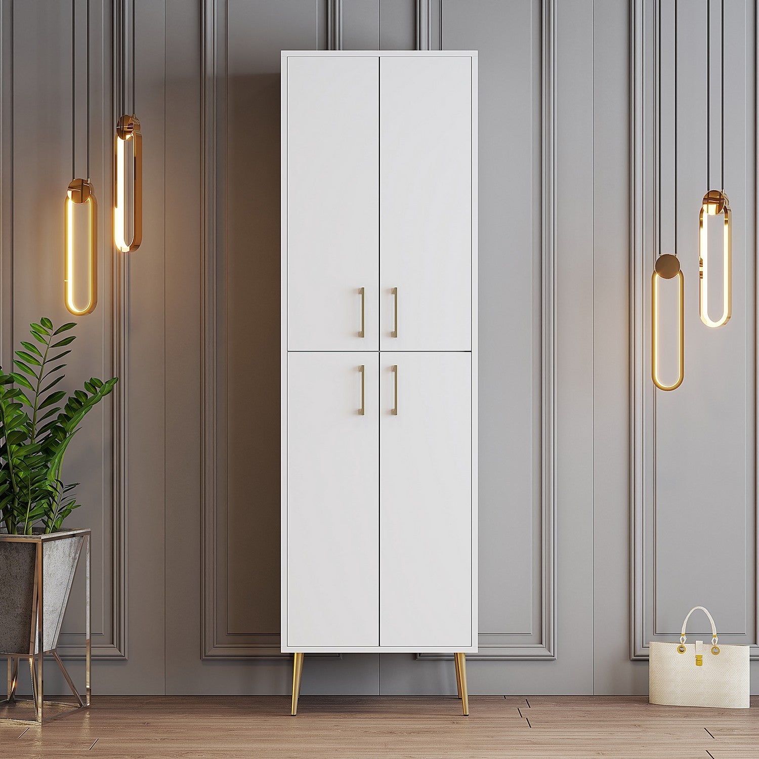 Sapateira elegante, branca e dourada, 60 x 202 x 35 cm | Painel de partículas 100% revestido em melamina, 18 mm de espessura | Solução de armazenamento elegante para casas modernas