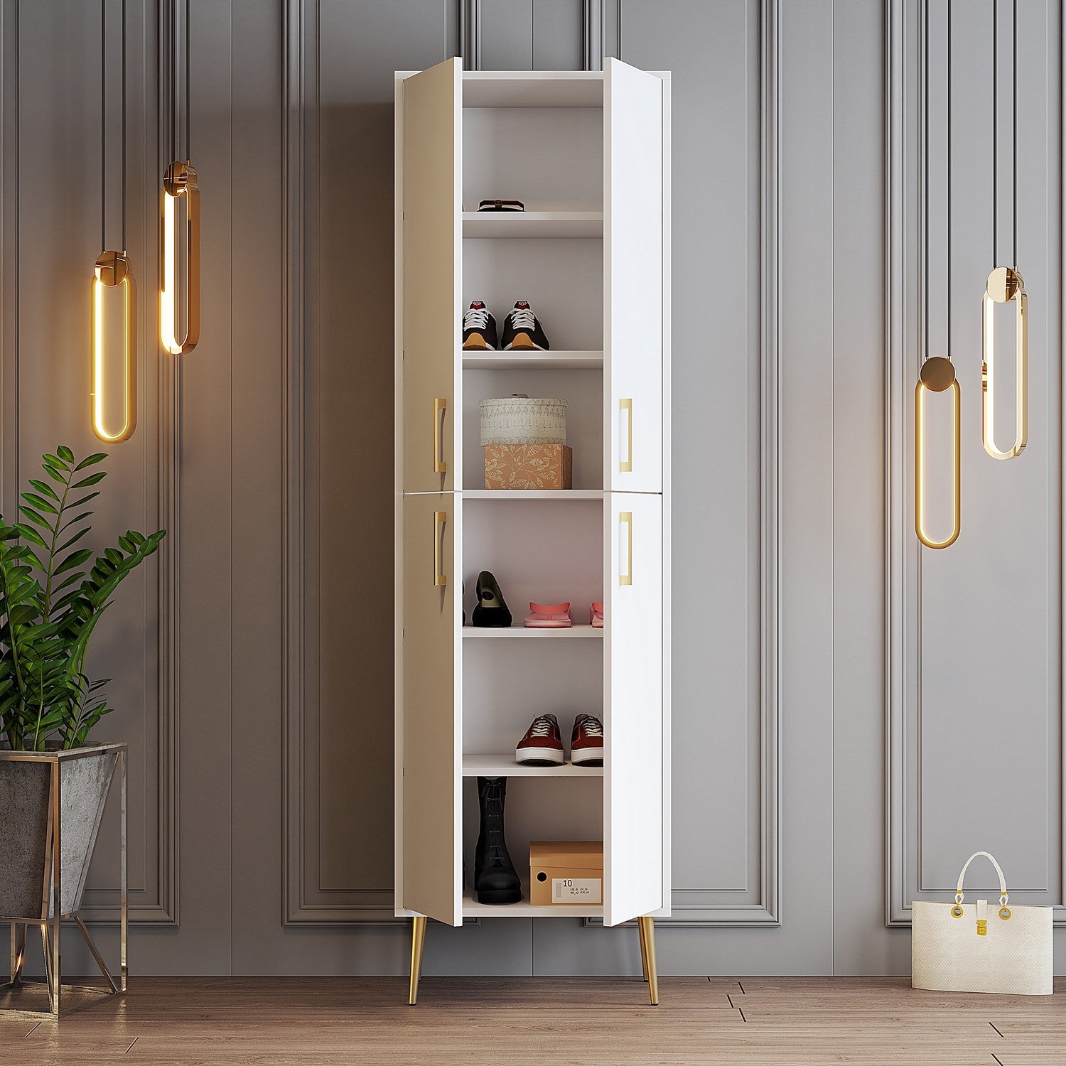 Sapateira elegante, branca e dourada, 60 x 202 x 35 cm | Painel de partículas 100% revestido em melamina, 18 mm de espessura | Solução de armazenamento elegante para casas modernas