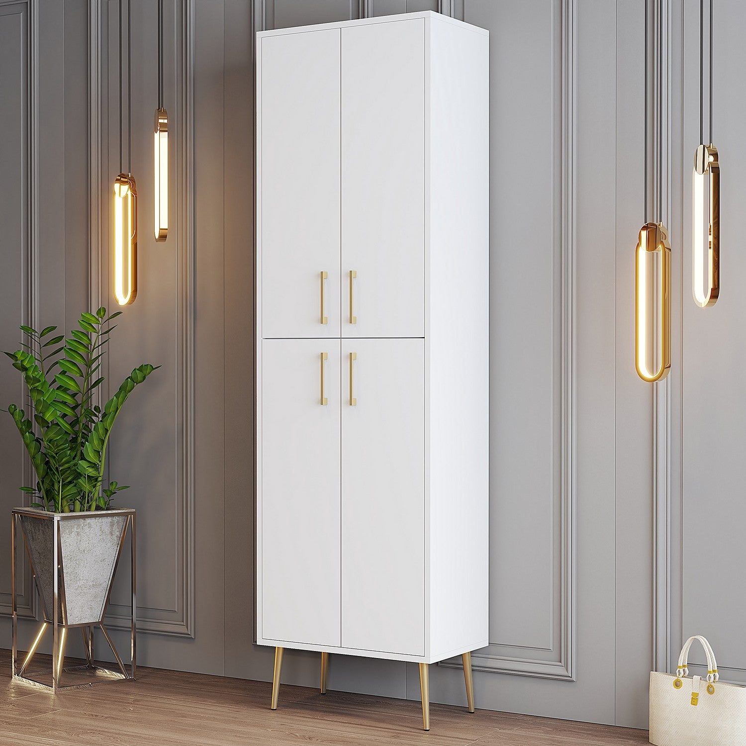 Sapateira elegante, branca e dourada, 60 x 202 x 35 cm | Painel de partículas 100% revestido em melamina, 18 mm de espessura | Solução de armazenamento elegante para casas modernas