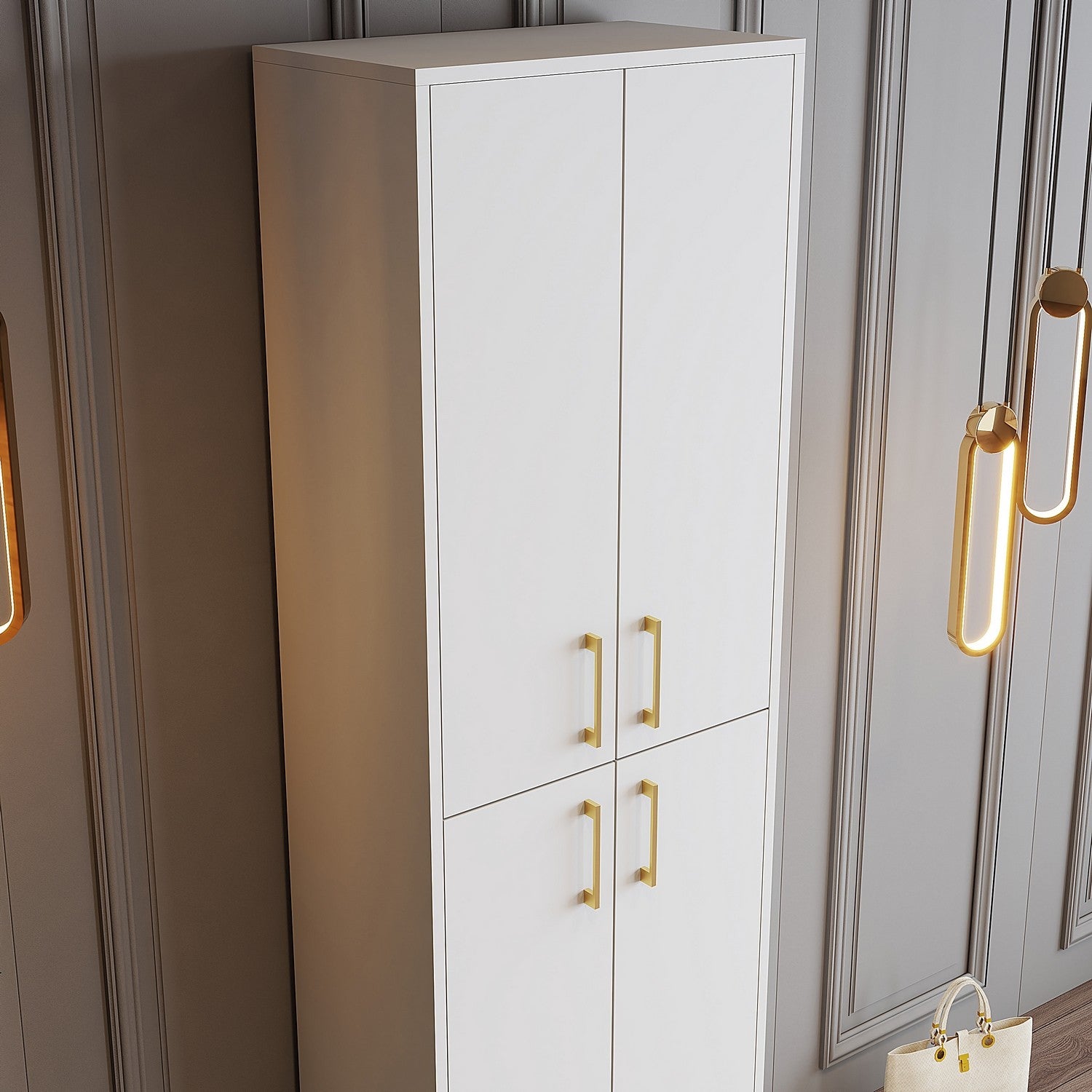 Sapateira elegante, branca e dourada, 60 x 202 x 35 cm | Painel de partículas 100% revestido em melamina, 18 mm de espessura | Solução de armazenamento elegante para casas modernas