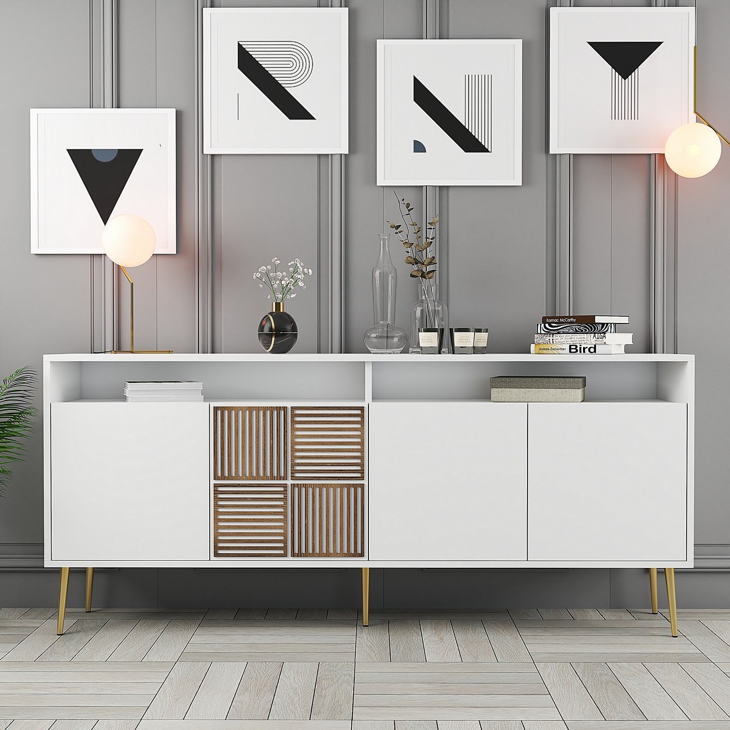 Aparador – 180 x 77 x 35 cm – Branco e Dourado – Painel de Partículas revestido a Melamina