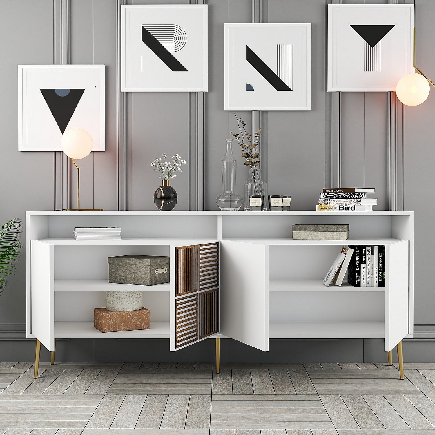 Aparador – 180 x 77 x 35 cm – Branco e Dourado – Painel de Partículas revestido a Melamina