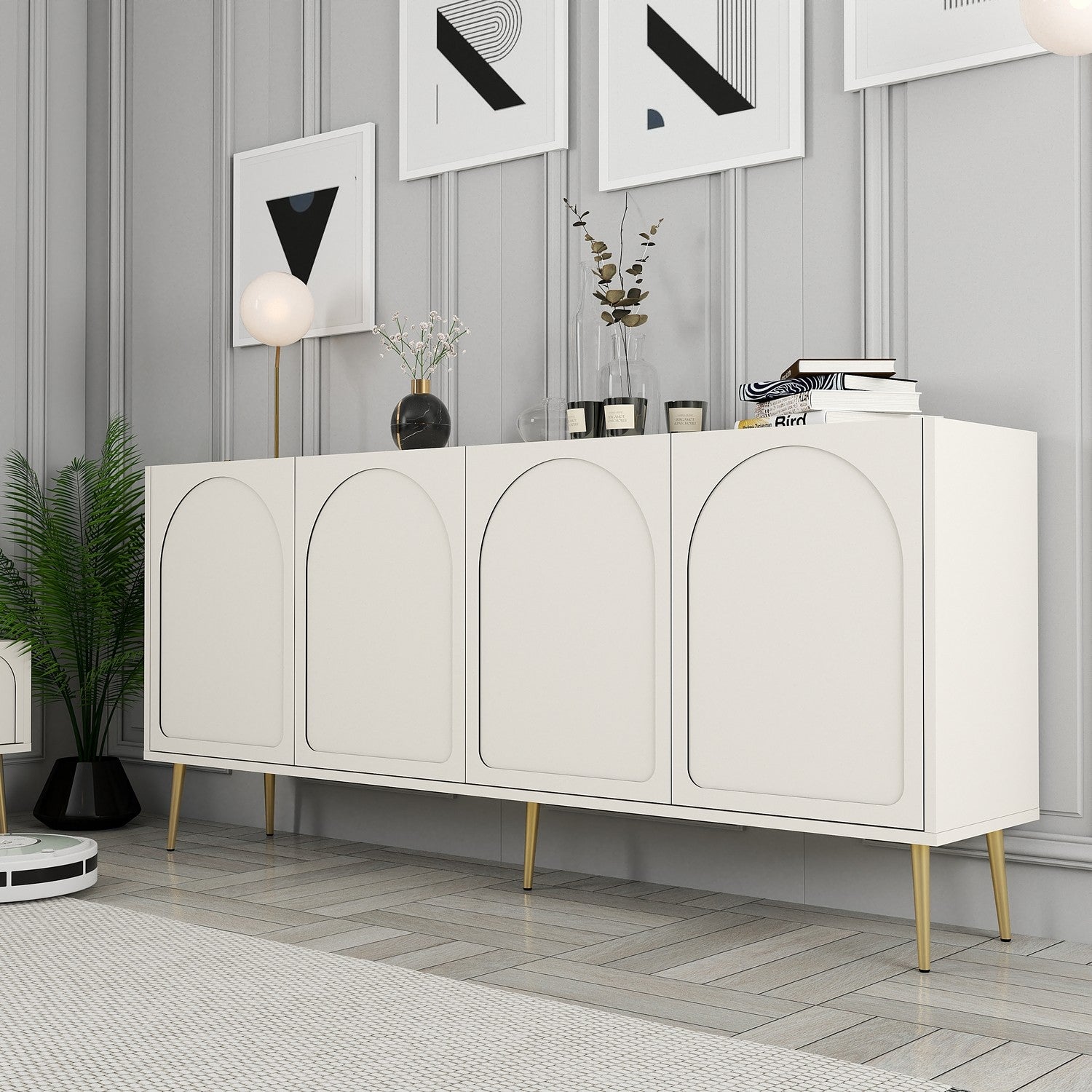 Aparador Elegante em Creme e Dourado – 180 x 80 x 35 cm – Aglomerado de partículas revestido a melamina