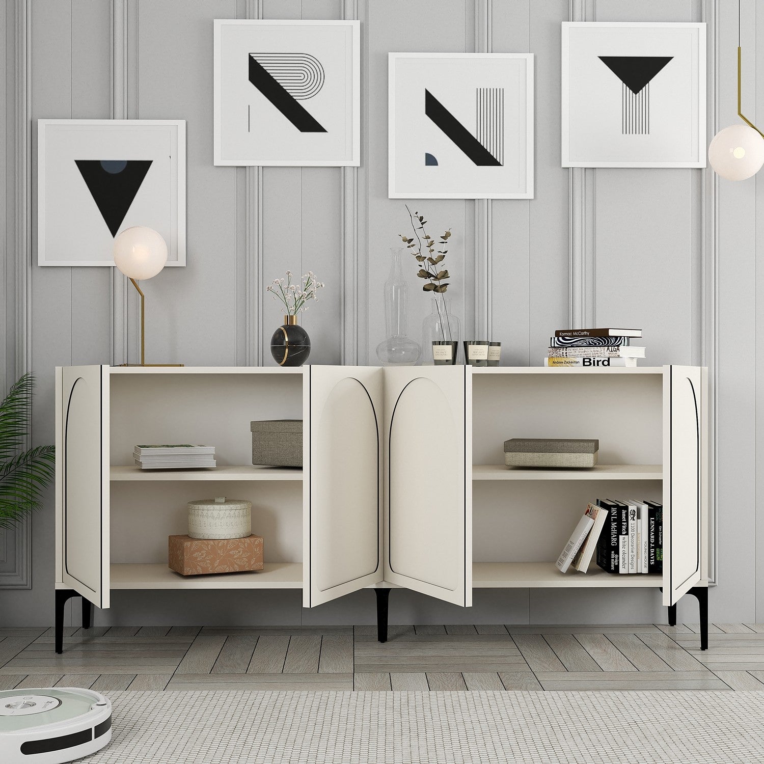 Aparador – 180 x 79 x 35 cm – Creme e Preto – Painel de Partículas