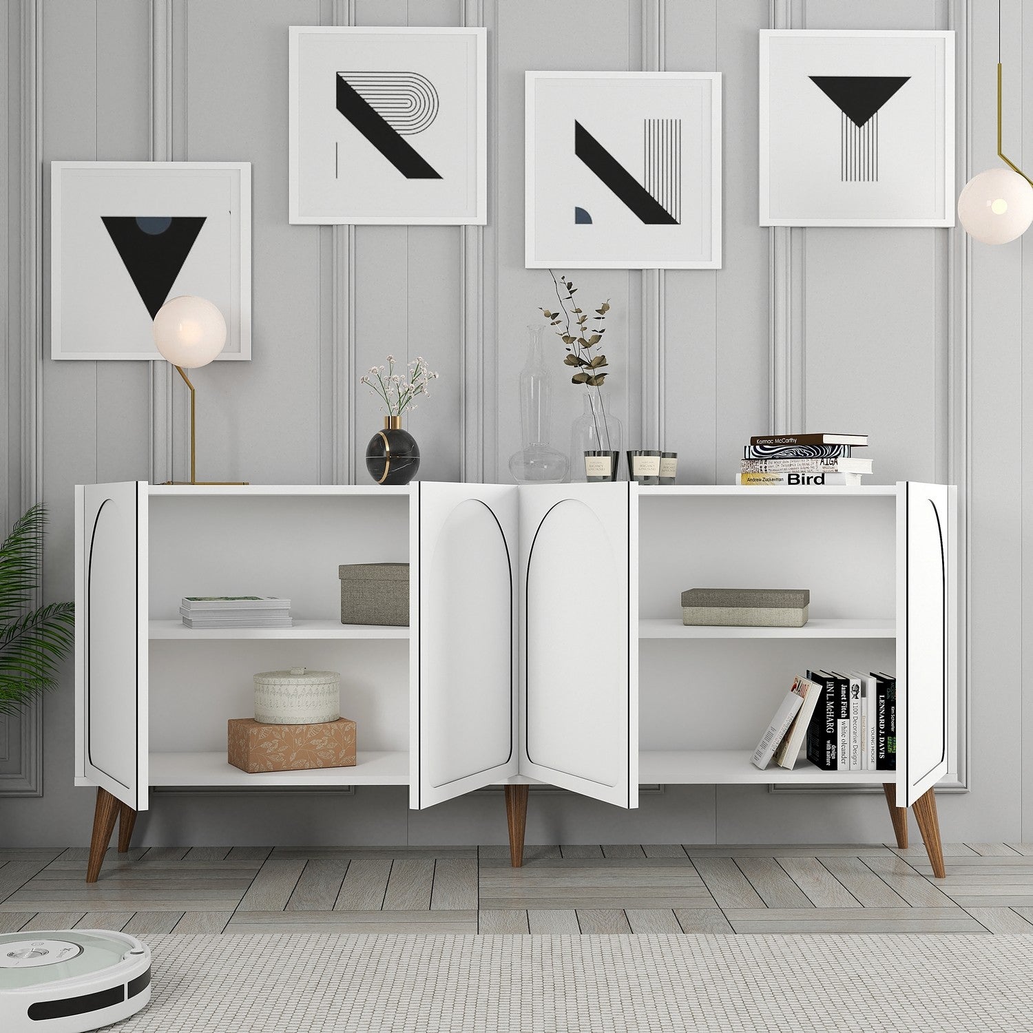 Aparador – 180 x 81 x 35 cm – Branco e Nogueira – Melamina