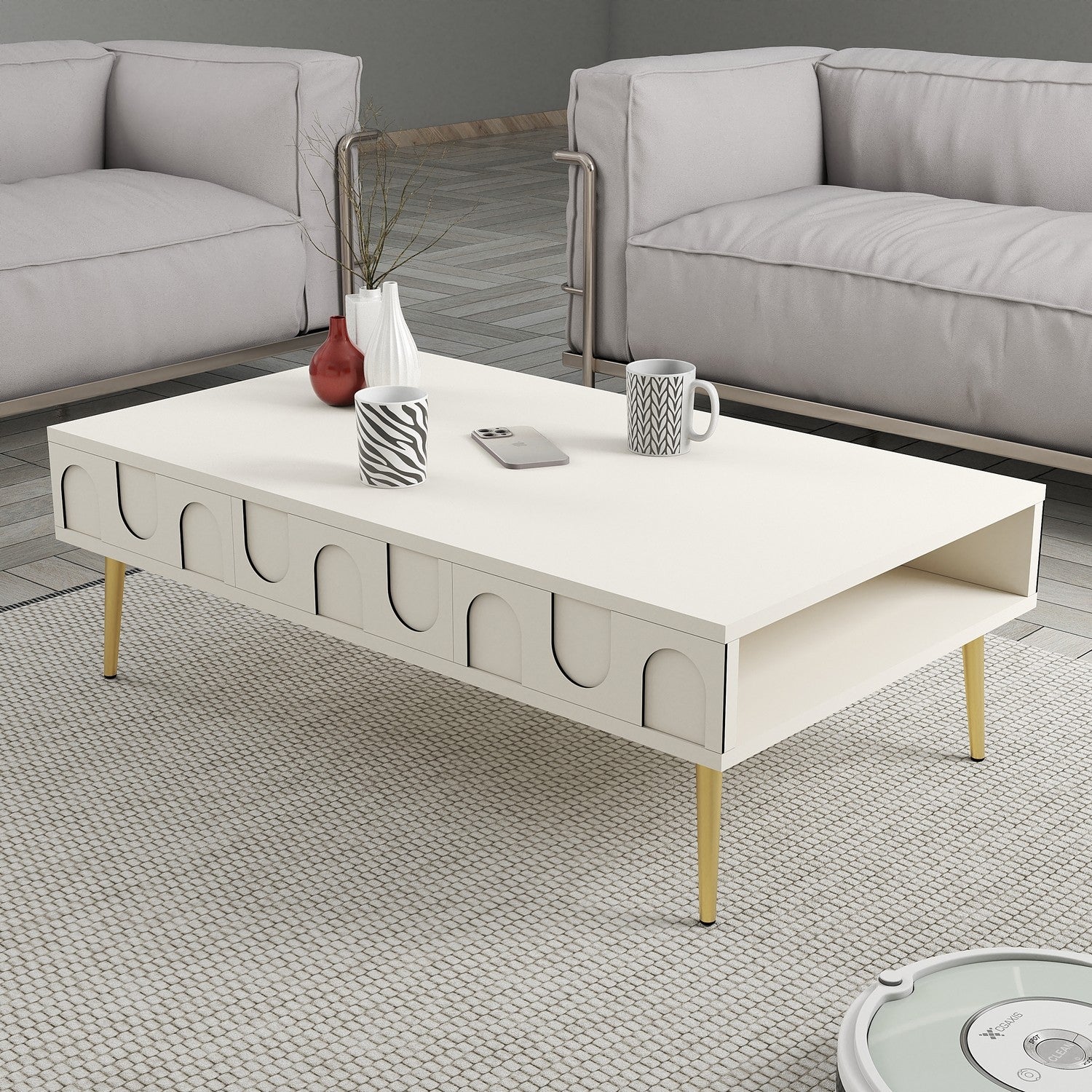Mesa de Centro – 105 x 60 x 33,6 cm – Creme e Dourado – Painel de Partículas