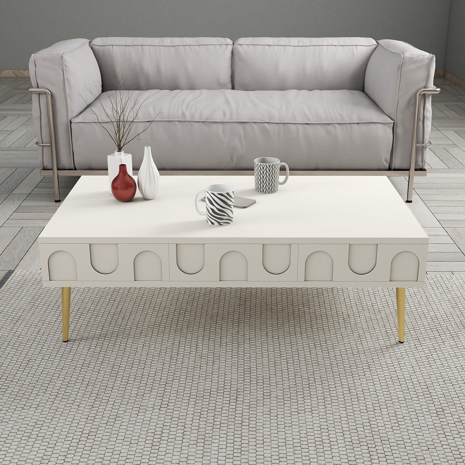 Mesa de Centro – 105 x 60 x 33,6 cm – Creme e Dourado – Painel de Partículas