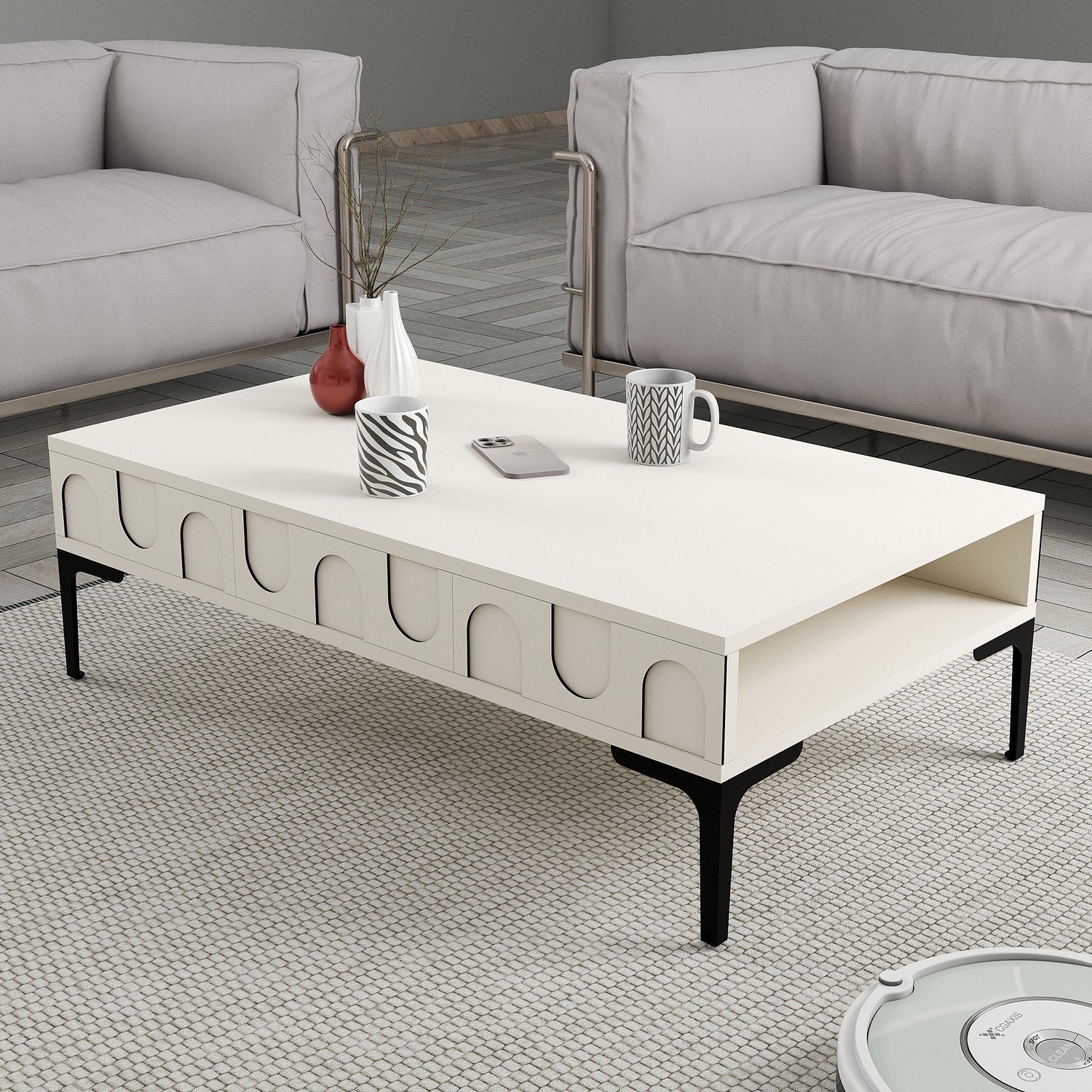 Mesa de Centro – 105 x 60 x 32,6 cm – Creme e Preto – Painel de Partículas