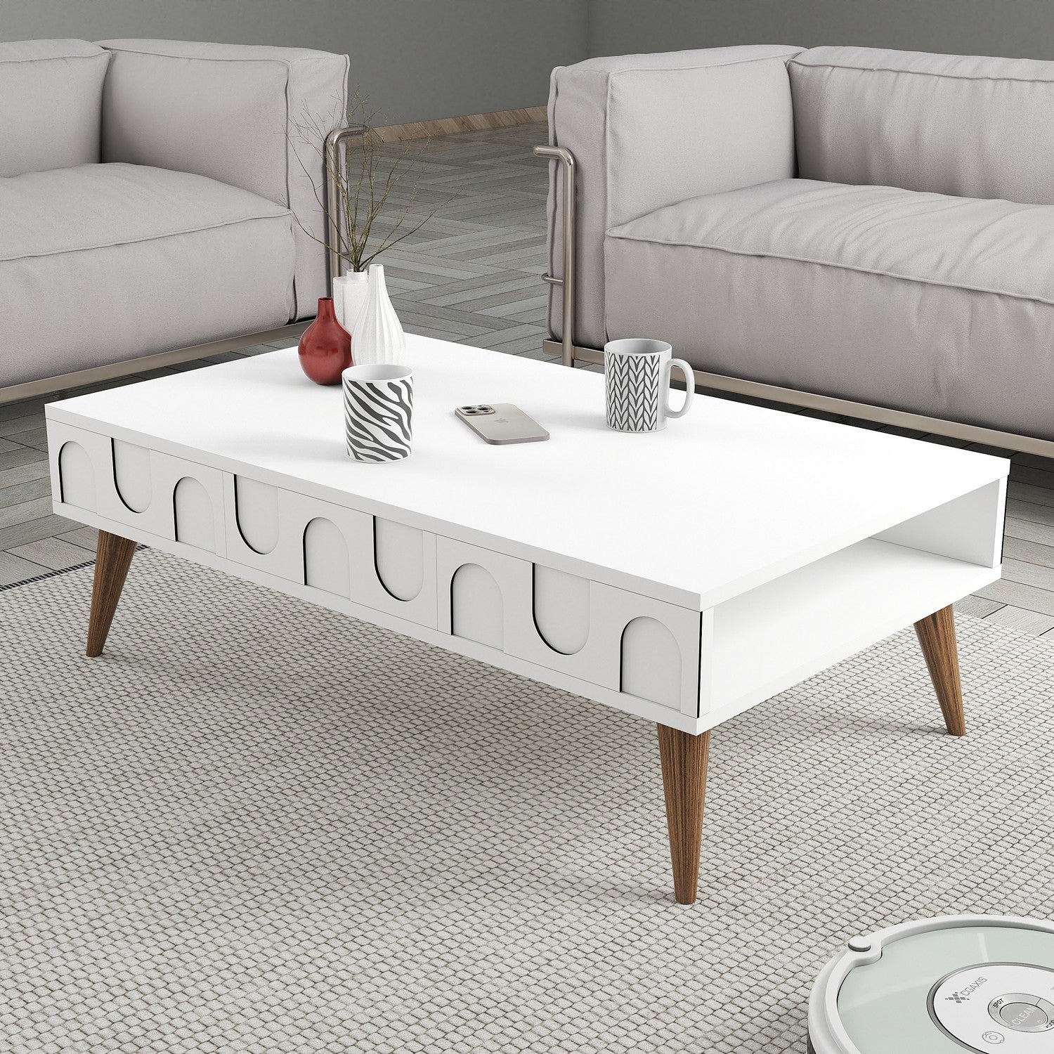 Mesa de Centro – 105 x 60 x 34,6 cm – Branco e Nogueira – Painel de Partículas