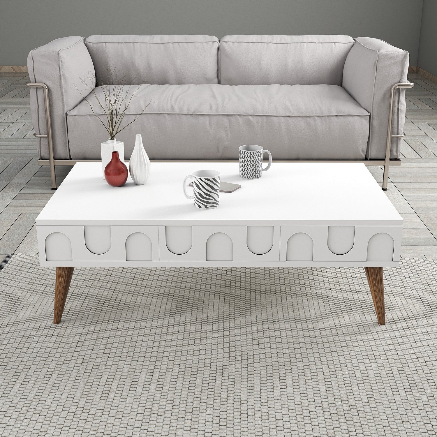 Mesa de Centro – 105 x 60 x 34,6 cm – Branco e Nogueira – Painel de Partículas