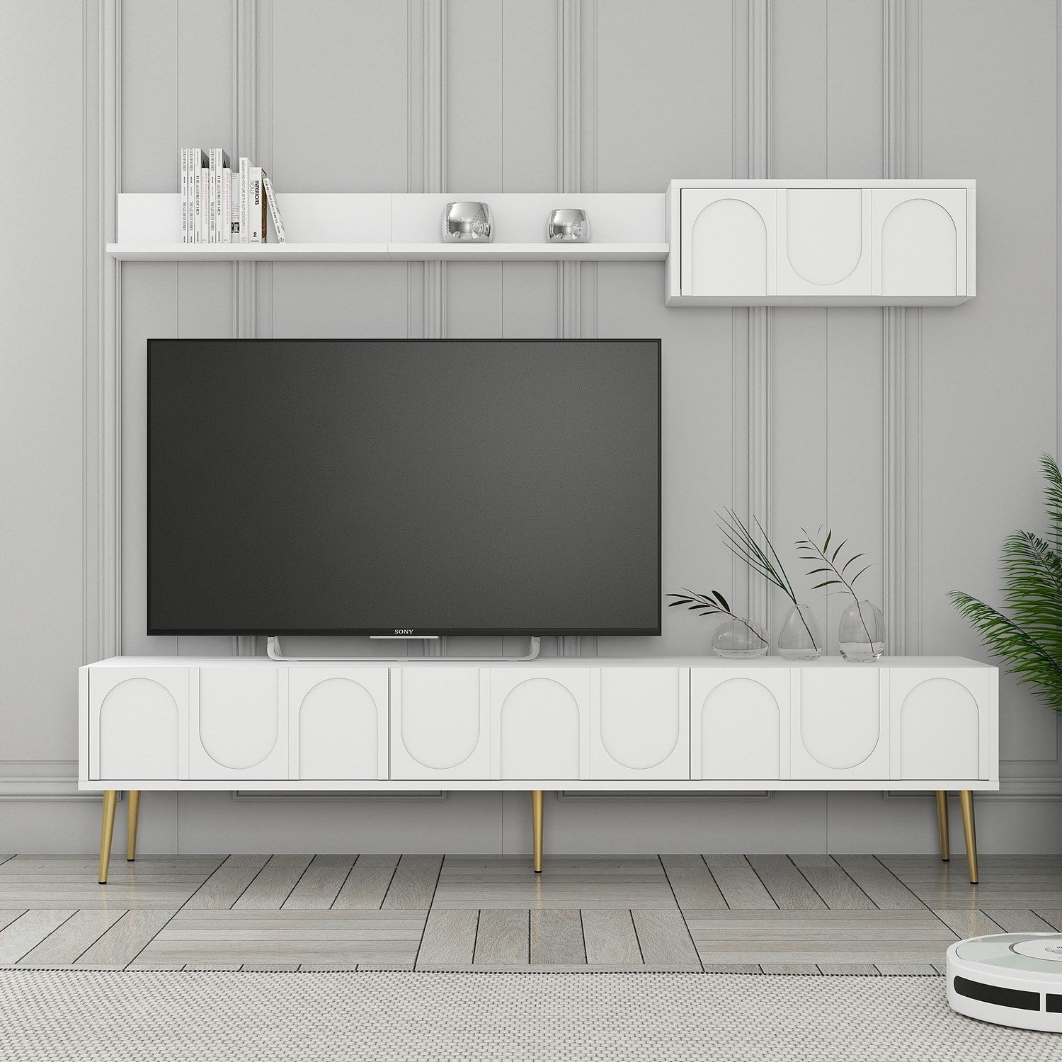 Móvel de TV elegante com prateleira de parede, branco e dourado, 180 cm | Painel de partículas 100% revestido de melamina, 18 mm de espessura | Design elegante com várias prateleiras