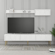 Móvel de TV elegante com prateleira de parede, branco e dourado, 180 cm | Painel de partículas 100% revestido de melamina, 18 mm de espessura | Design elegante com várias prateleiras