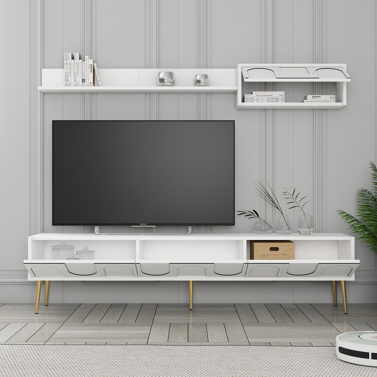 Móvel de TV elegante com prateleira de parede, branco e dourado, 180 cm | Painel de partículas 100% revestido de melamina, 18 mm de espessura | Design elegante com várias prateleiras