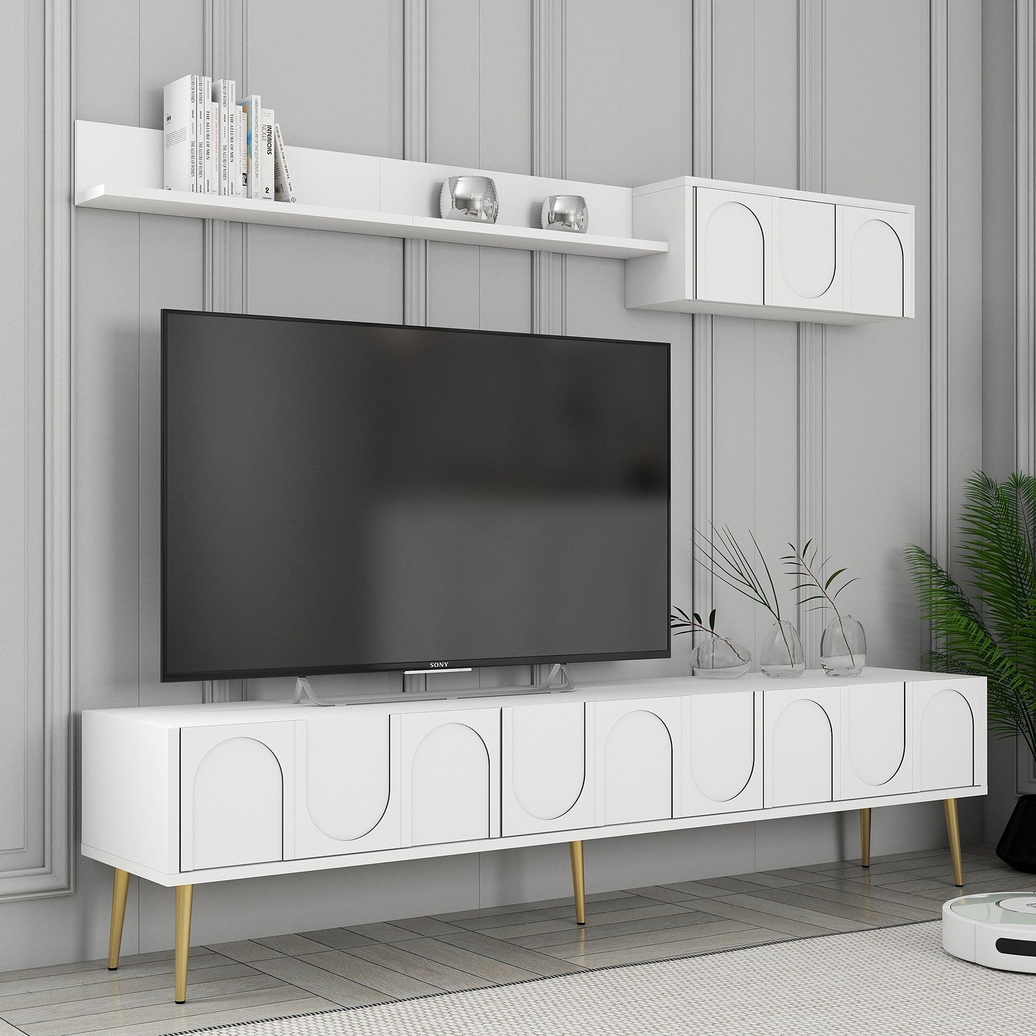 Móvel de TV elegante com prateleira de parede, branco e dourado, 180 cm | Painel de partículas 100% revestido de melamina, 18 mm de espessura | Design elegante com várias prateleiras