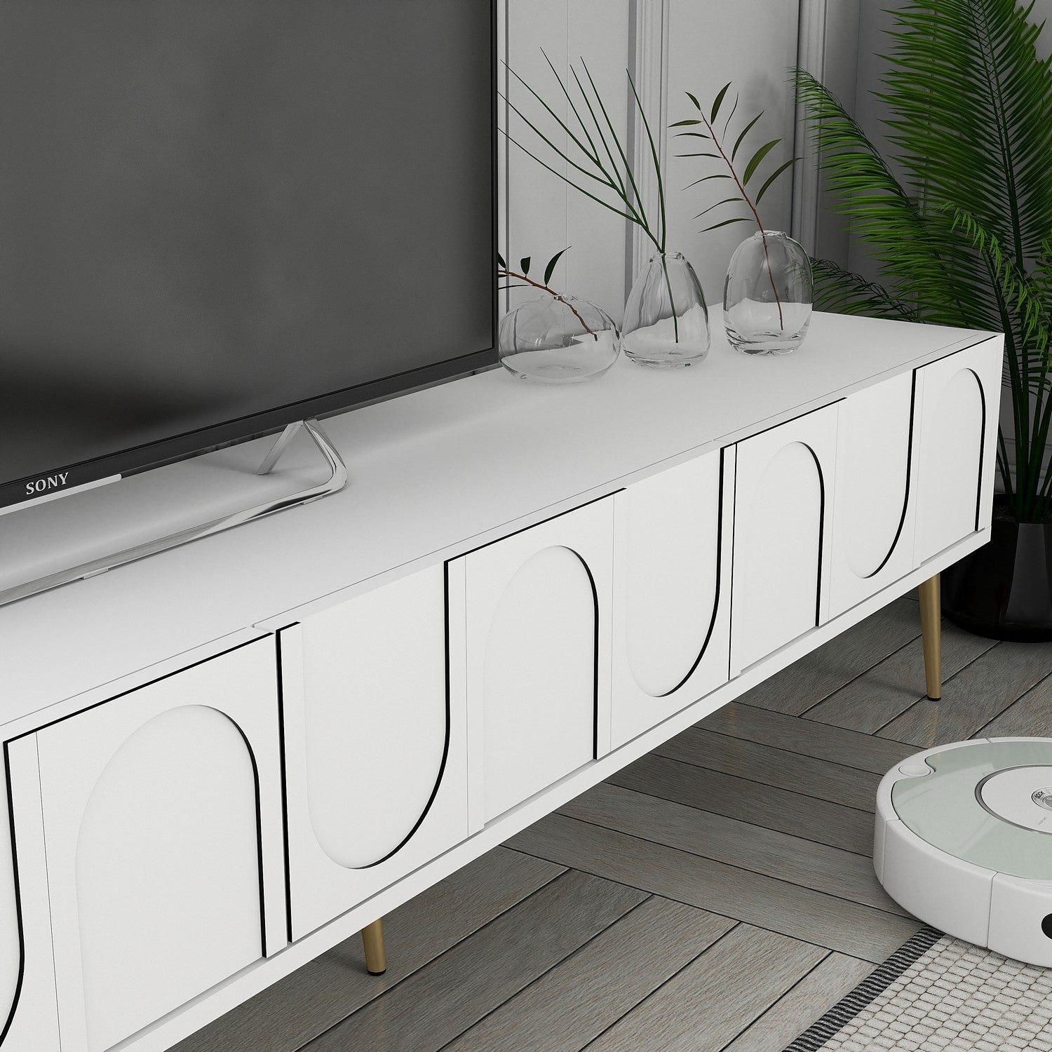 Móvel de TV elegante com prateleira de parede, branco e dourado, 180 cm | Painel de partículas 100% revestido de melamina, 18 mm de espessura | Design elegante com várias prateleiras