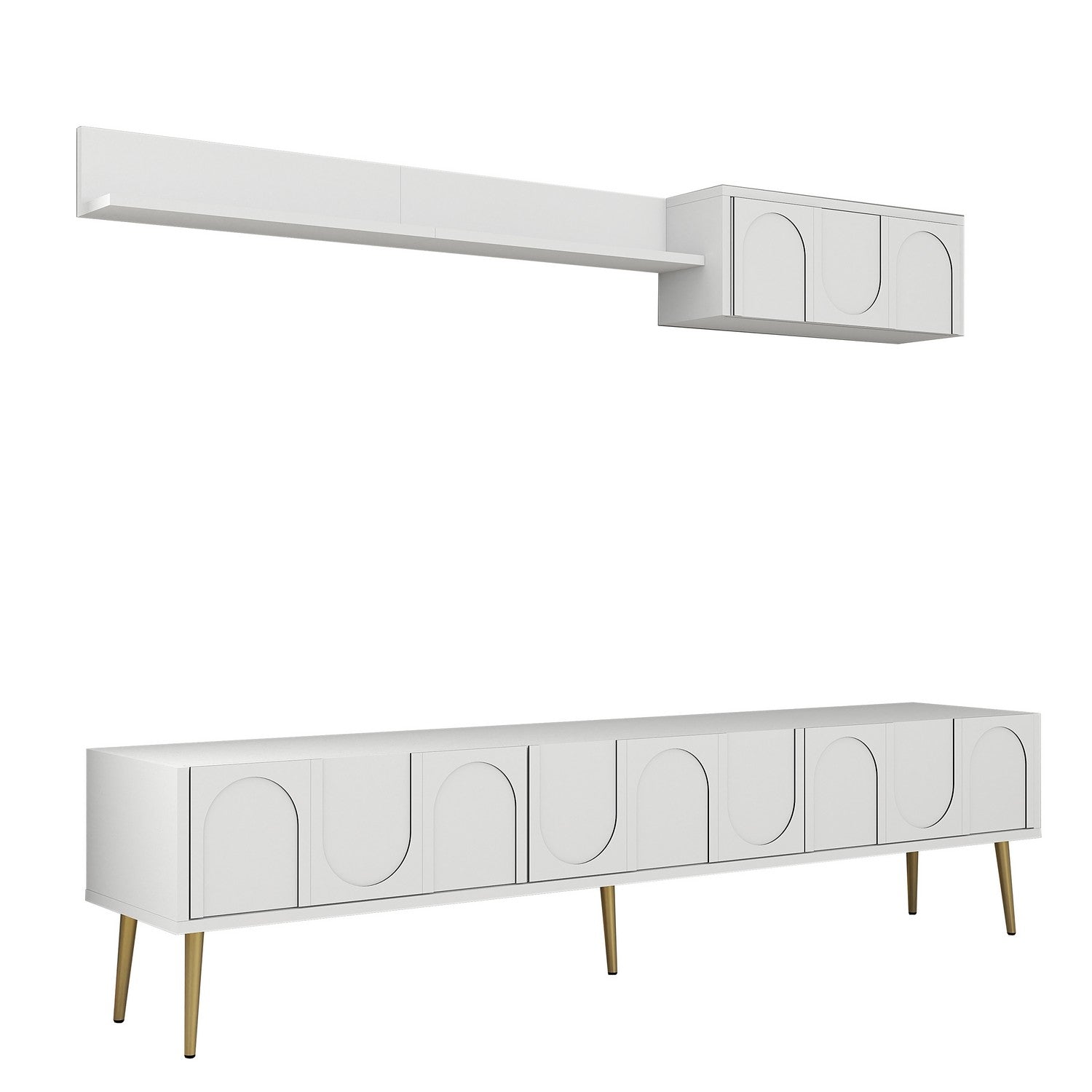 Móvel de TV elegante com prateleira de parede, branco e dourado, 180 cm | Painel de partículas 100% revestido de melamina, 18 mm de espessura | Design elegante com várias prateleiras