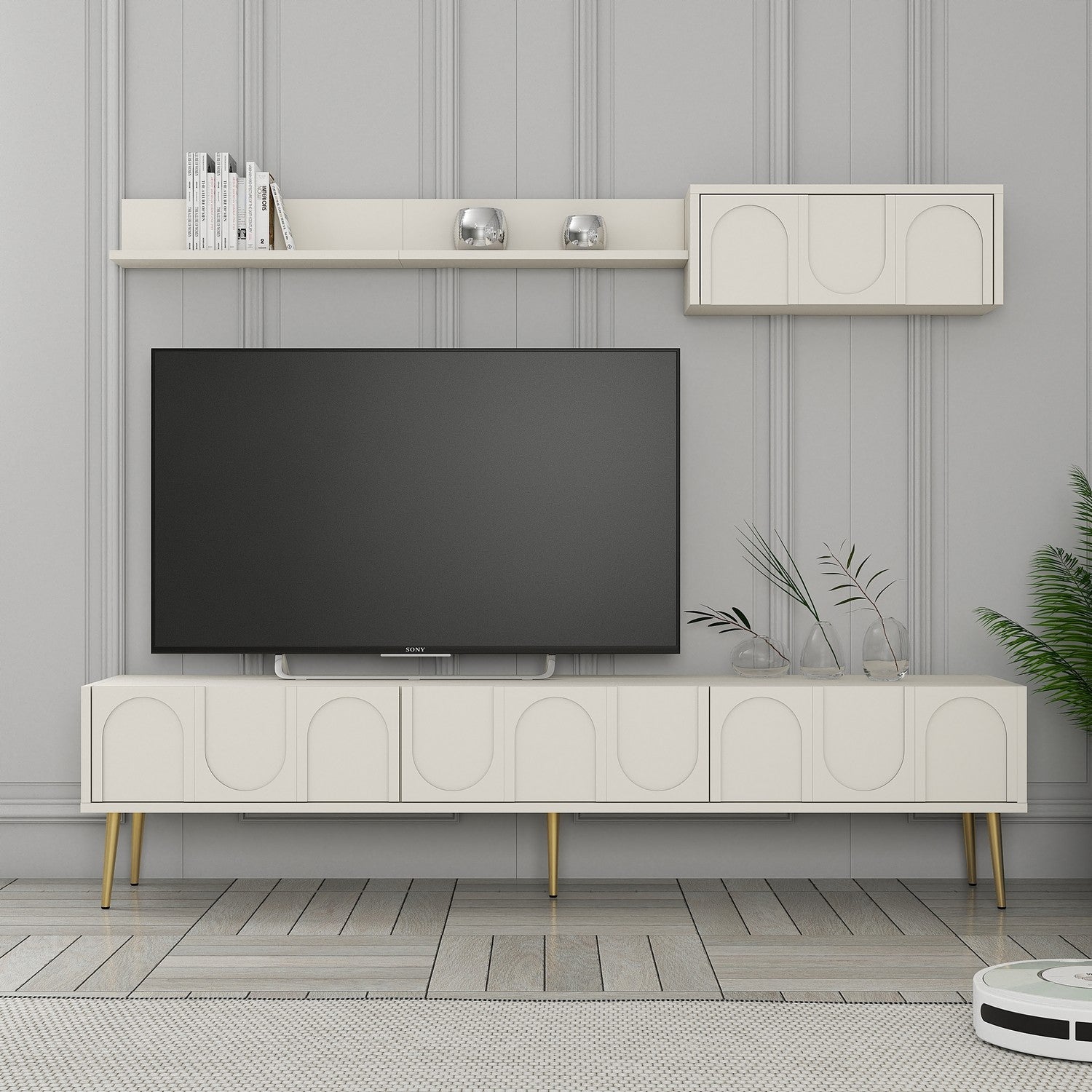 Móvel de TV elegante em creme e dourado com prateleira de parede, 180 cm de largura | Painel de partículas 100% revestido em melamina, 18 mm de espessura | Design elegante e funcional para espaços de convivência modernos