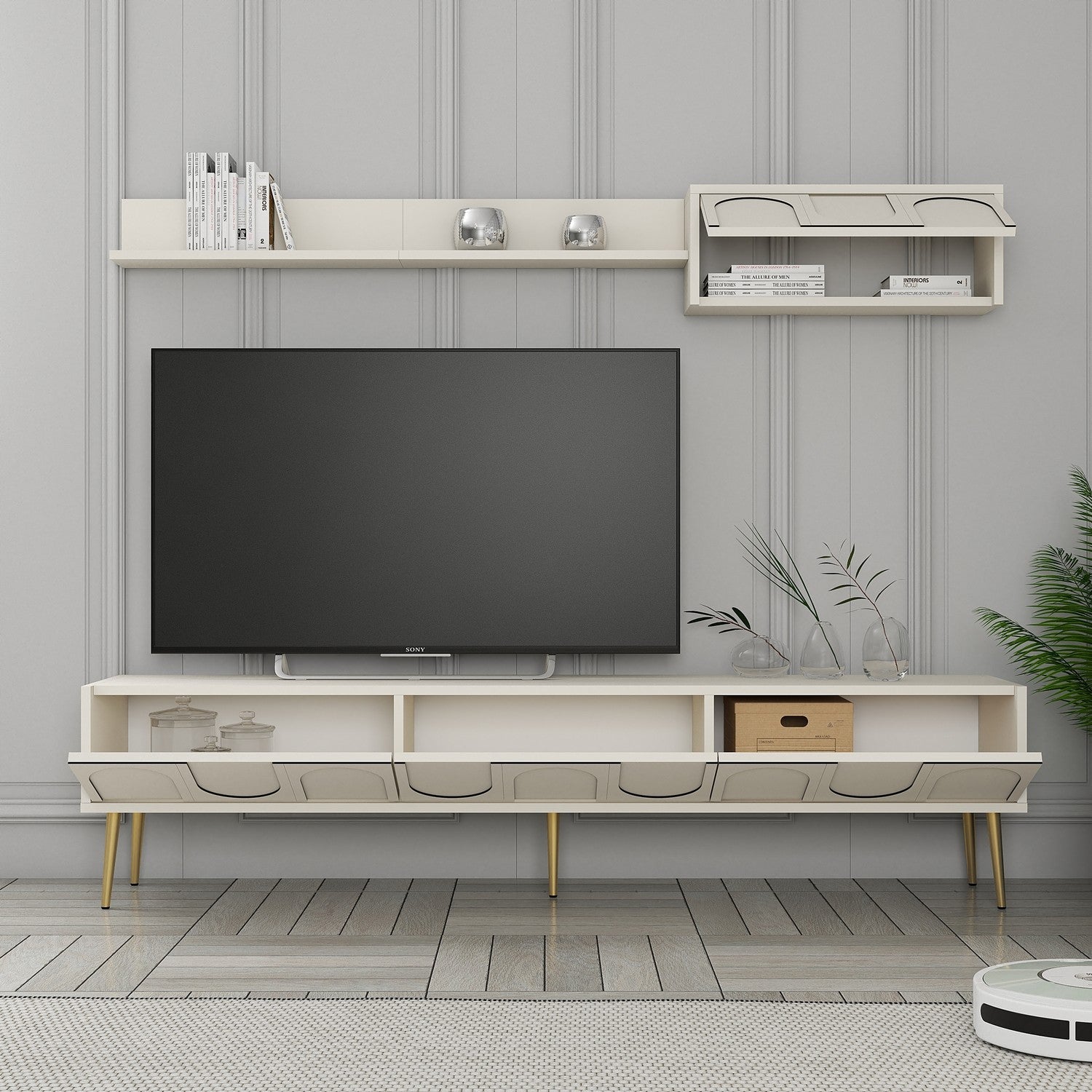 Móvel de TV elegante em creme e dourado com prateleira de parede, 180 cm de largura | Painel de partículas 100% revestido em melamina, 18 mm de espessura | Design elegante e funcional para espaços de convivência modernos