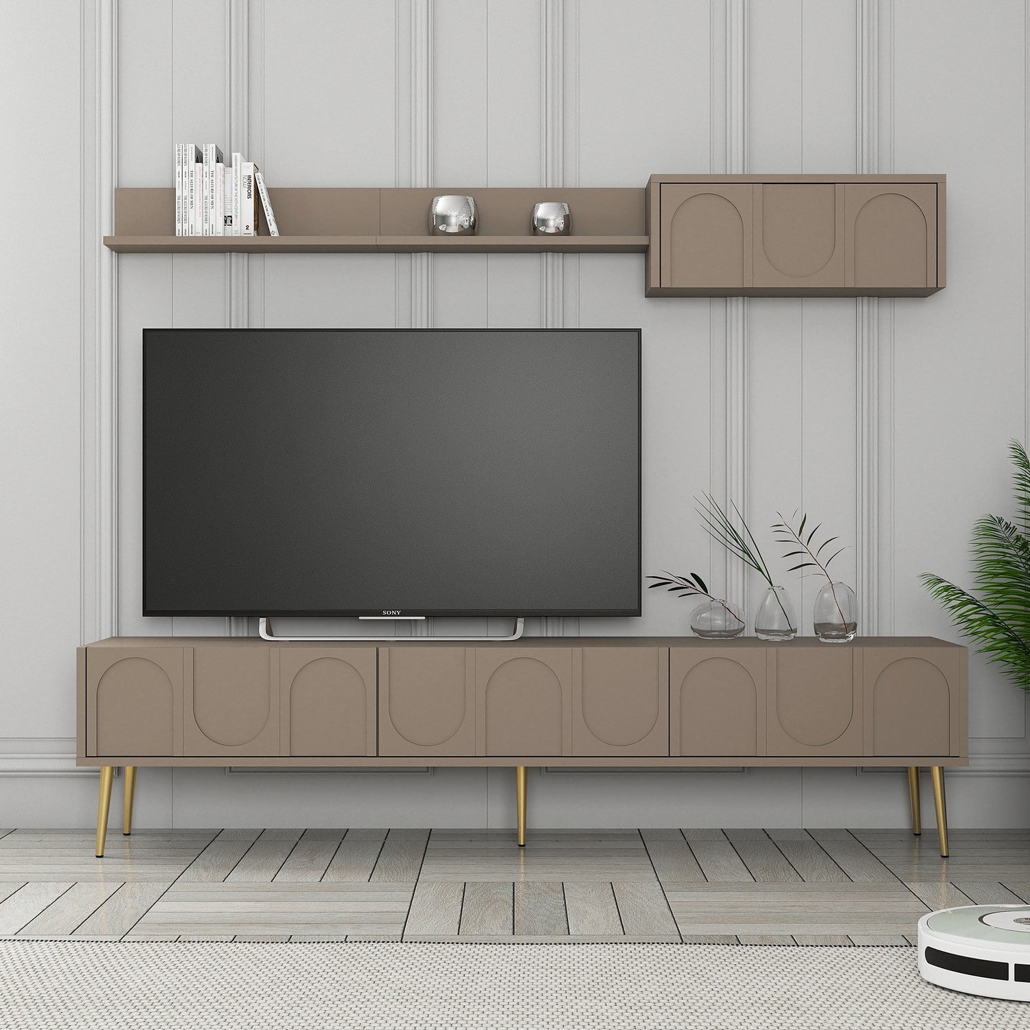 Móvel de TV elegante com prateleira de parede, Atlas e dourado, 180 cm de largura | Painel de partículas 100% revestido de melamina, 18 mm de espessura | Design funcional com várias prateleiras
