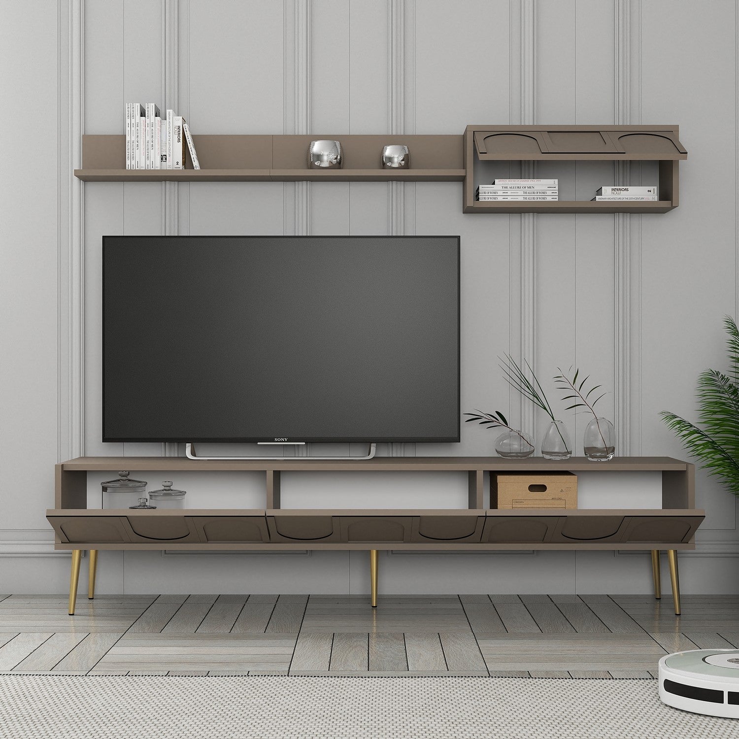 Móvel de TV elegante com prateleira de parede, Atlas e dourado, 180 cm de largura | Painel de partículas 100% revestido de melamina, 18 mm de espessura | Design funcional com várias prateleiras
