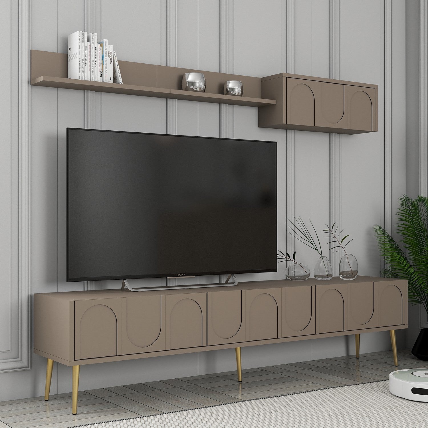 Móvel de TV elegante com prateleira de parede, Atlas e dourado, 180 cm de largura | Painel de partículas 100% revestido de melamina, 18 mm de espessura | Design funcional com várias prateleiras