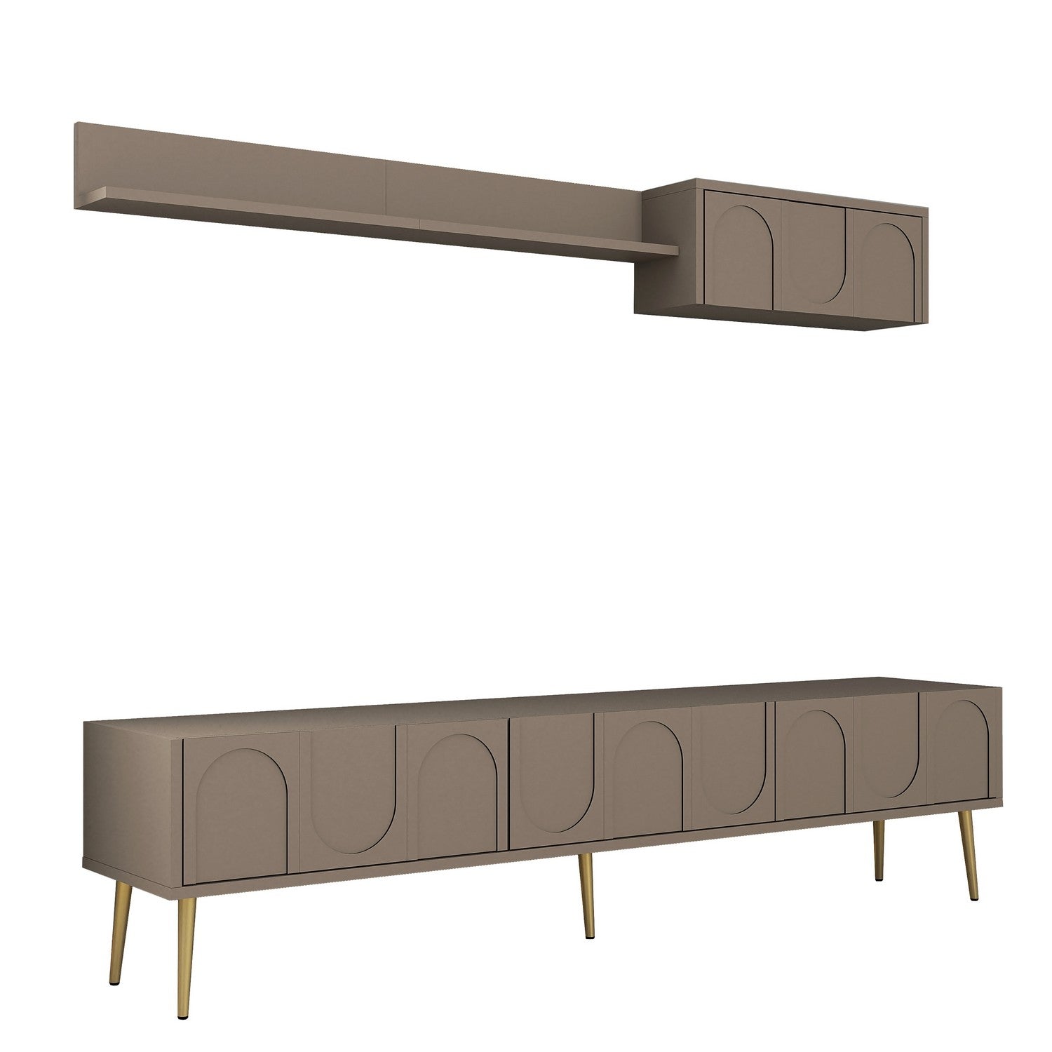 Móvel de TV elegante com prateleira de parede, Atlas e dourado, 180 cm de largura | Painel de partículas 100% revestido de melamina, 18 mm de espessura | Design funcional com várias prateleiras
