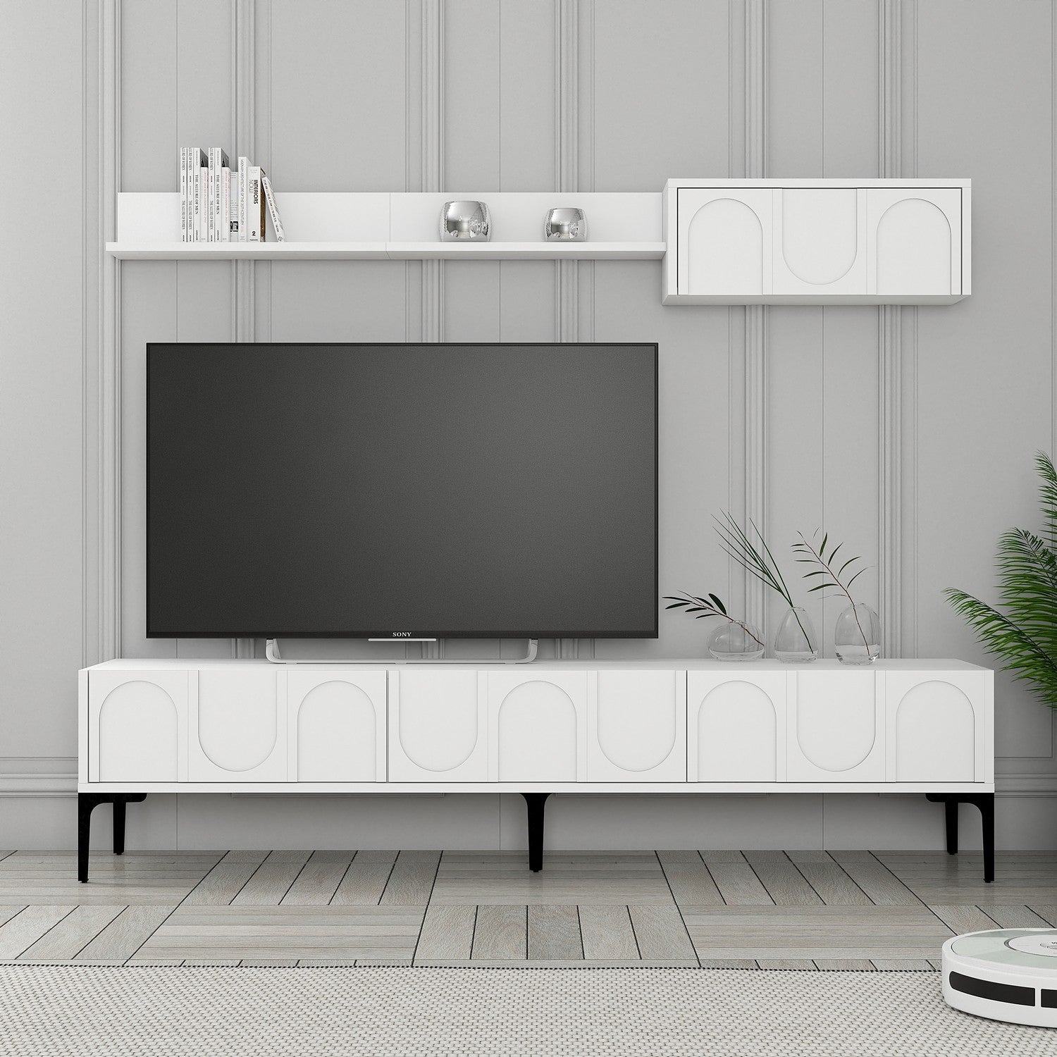 Móvel de TV elegante com prateleira de parede, branco e preto, 180 cm | Painel de partículas 100% revestido de melamina, 18 mm de espessura | Design funcional com várias prateleiras