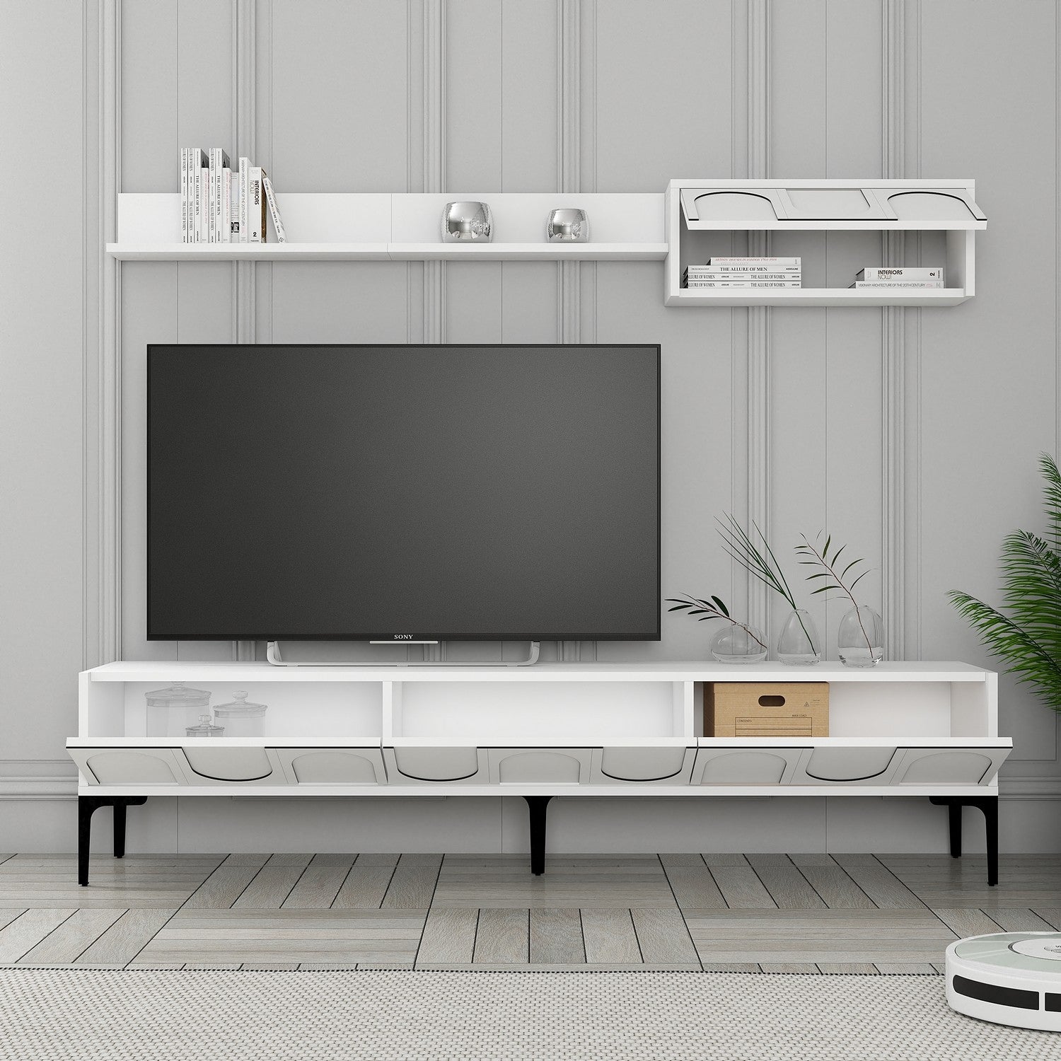 Móvel de TV elegante com prateleira de parede, branco e preto, 180 cm | Painel de partículas 100% revestido de melamina, 18 mm de espessura | Design funcional com várias prateleiras