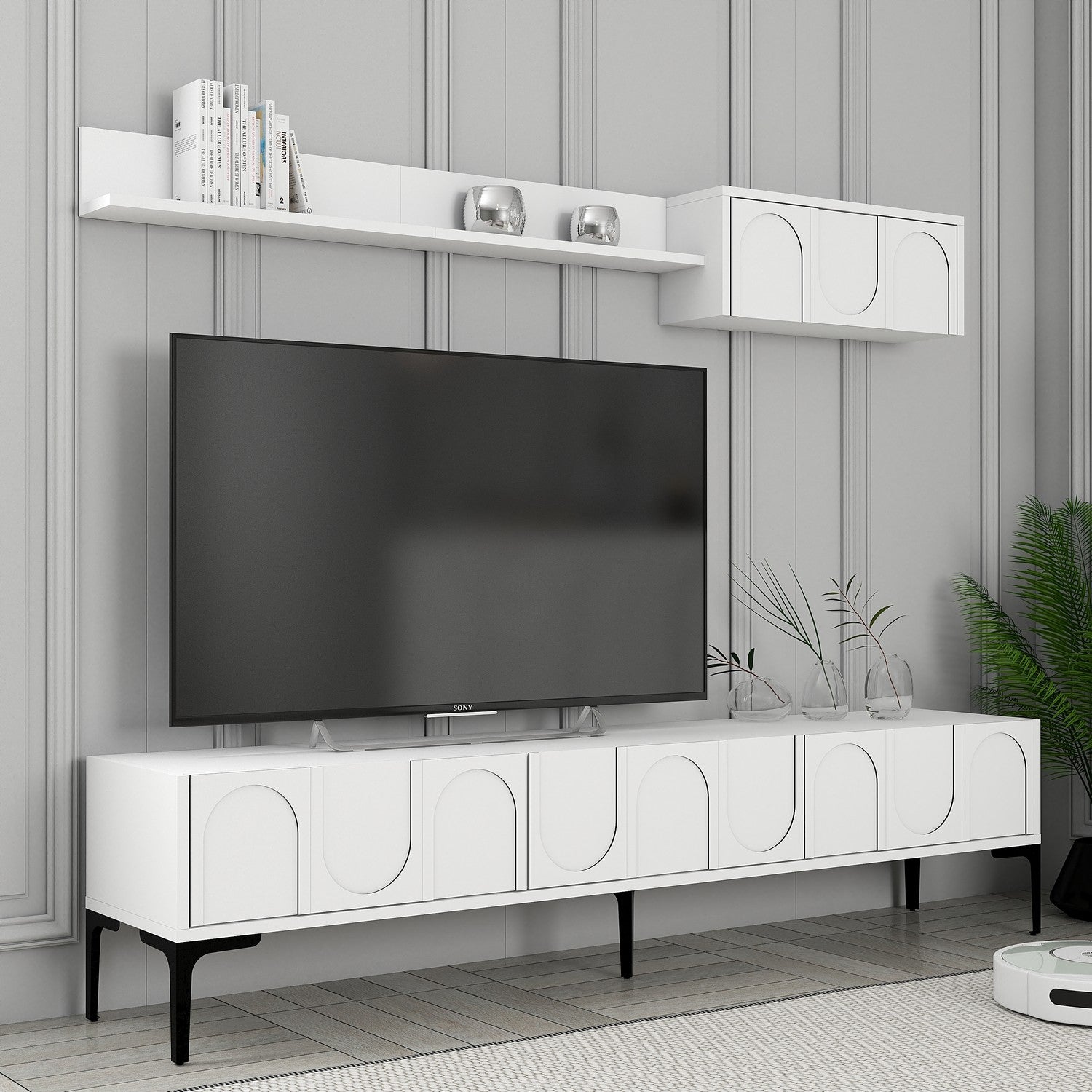 Móvel de TV elegante com prateleira de parede, branco e preto, 180 cm | Painel de partículas 100% revestido de melamina, 18 mm de espessura | Design funcional com várias prateleiras