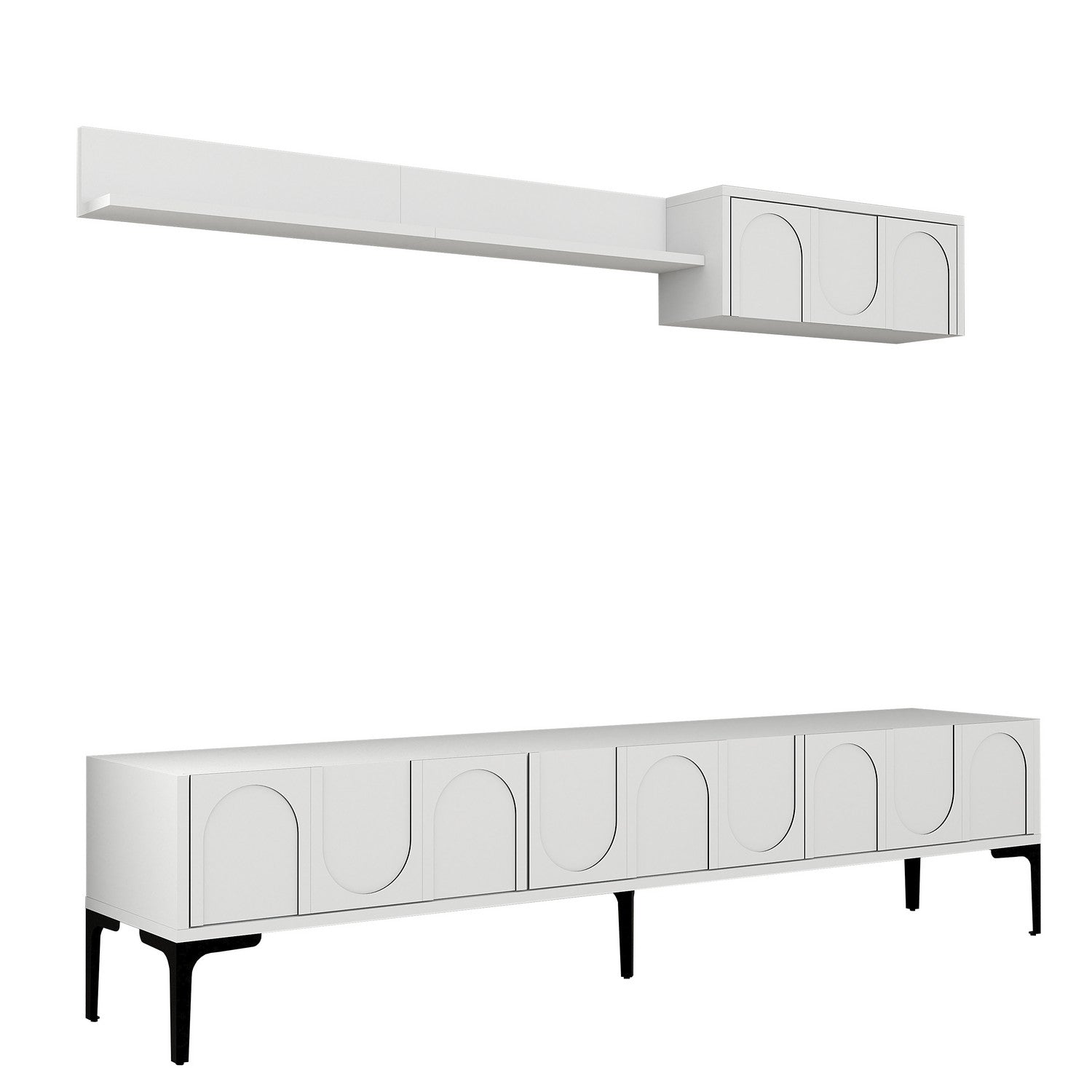 Móvel de TV elegante com prateleira de parede, branco e preto, 180 cm | Painel de partículas 100% revestido de melamina, 18 mm de espessura | Design funcional com várias prateleiras