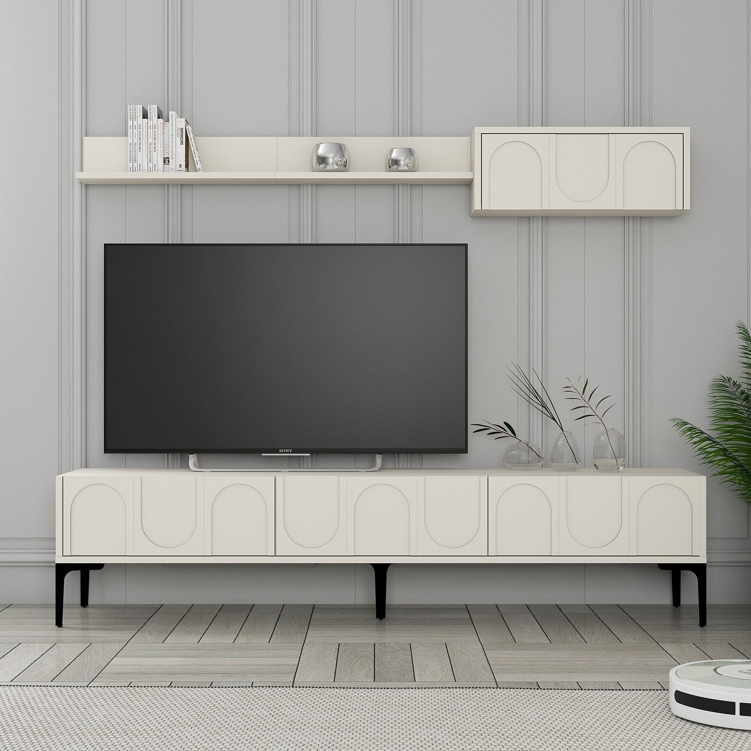 Móvel de TV elegante com prateleira de parede, creme e preto, 180 cm de largura | Painel de partículas 100% revestido de melamina, 18 mm de espessura | Design funcional com várias prateleiras