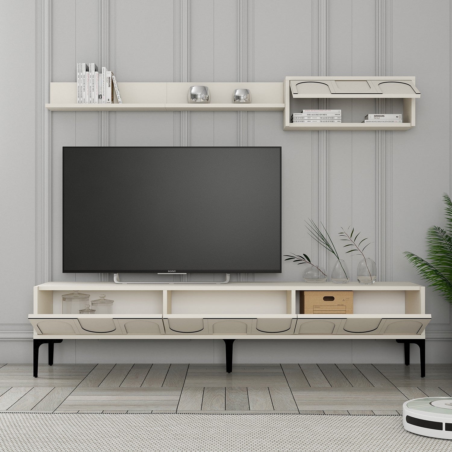 Móvel de TV elegante com prateleira de parede, creme e preto, 180 cm de largura | Painel de partículas 100% revestido de melamina, 18 mm de espessura | Design funcional com várias prateleiras