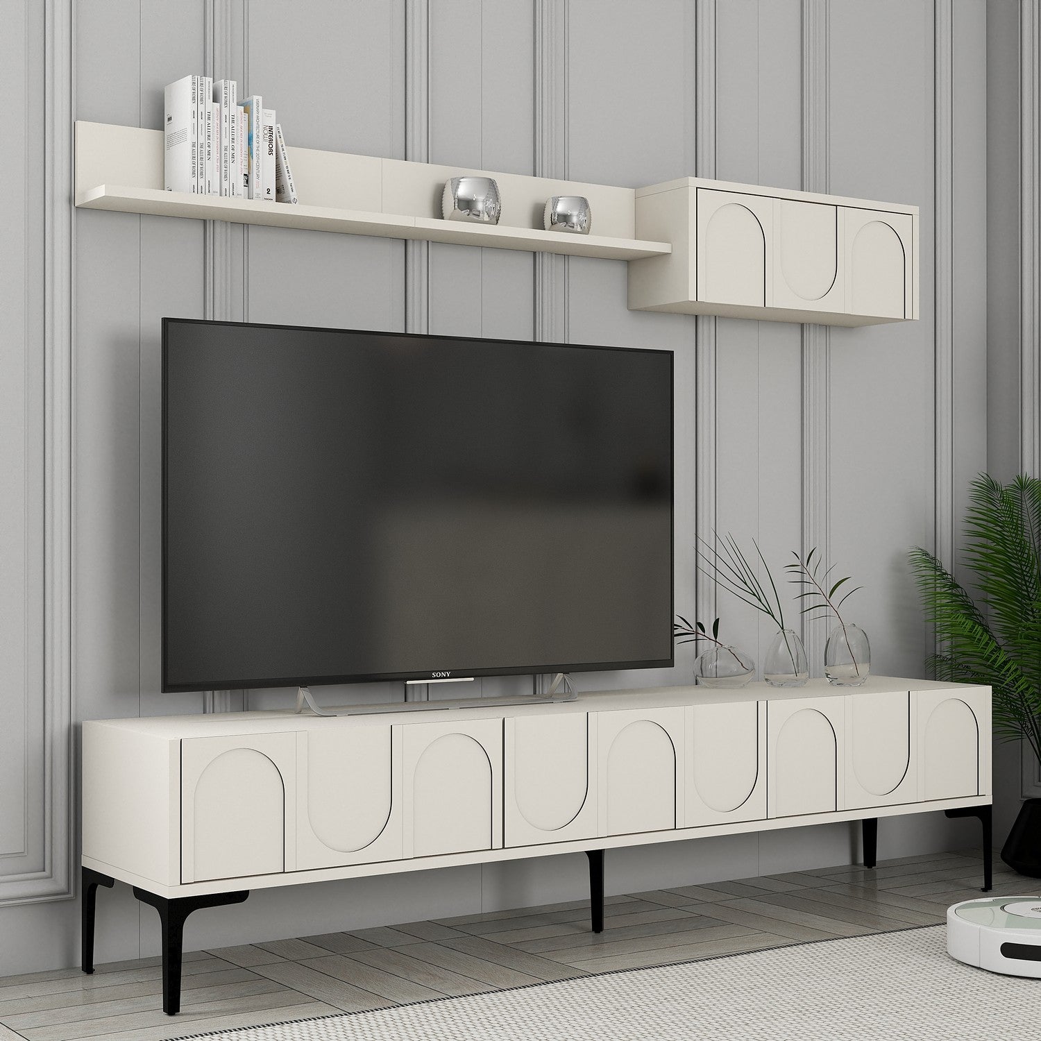Móvel de TV elegante com prateleira de parede, creme e preto, 180 cm de largura | Painel de partículas 100% revestido de melamina, 18 mm de espessura | Design funcional com várias prateleiras